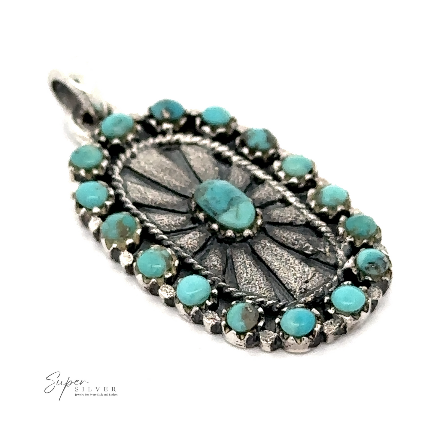 An oval-shaped Native Inspired Turquoise Pendant with turquoise stones arranged around the edge and a central turquoise stone, featuring a sunburst design. This Native-inspired piece exudes Southwestern charm, complete with the "Super Silver" logo in the corner.