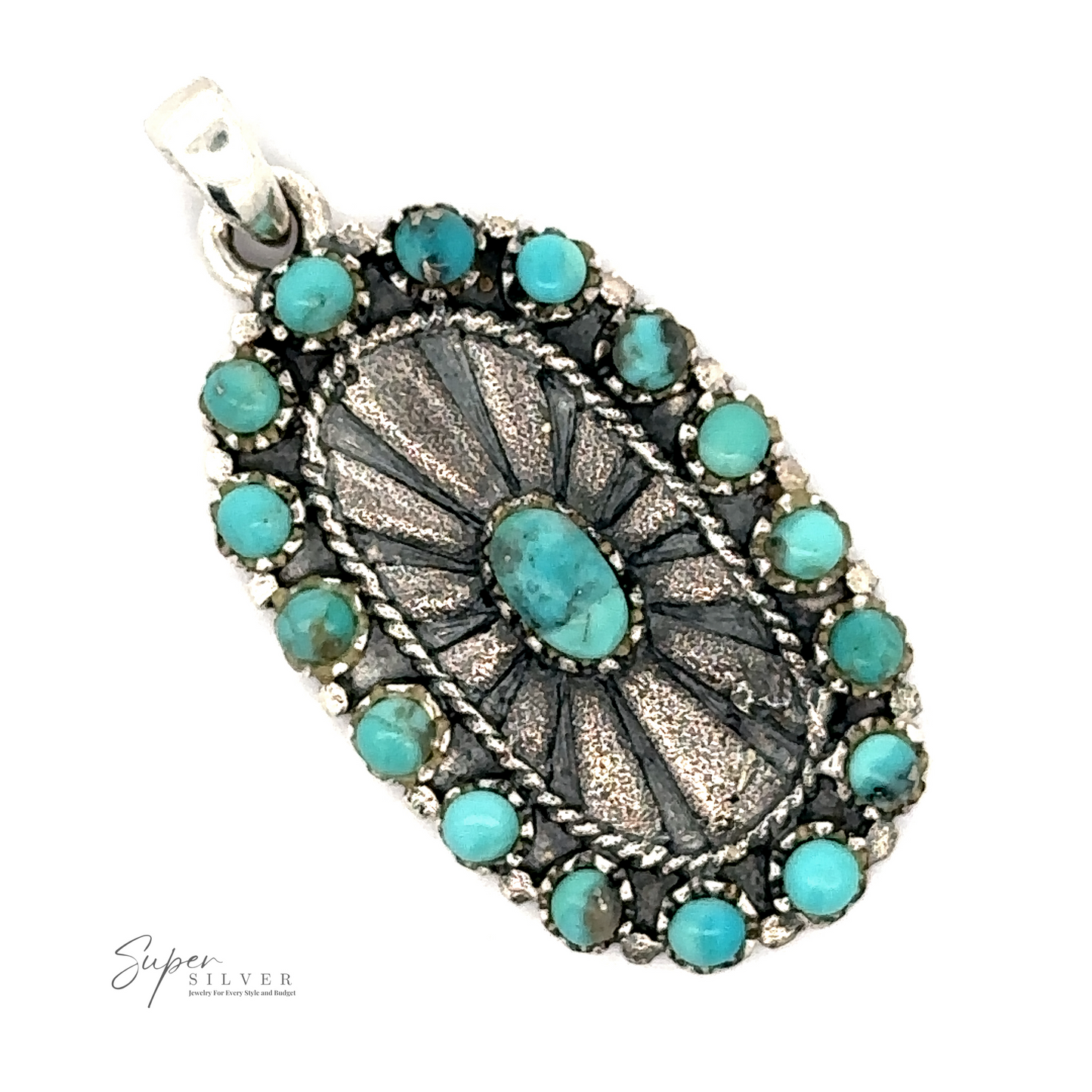 
                  
                    An ornate Native Inspired Turquoise Pendant with a central turquoise stone, surrounded by smaller turquoise stones in a circular pattern, exuding Native-Inspired Southwestern charm.
                  
                