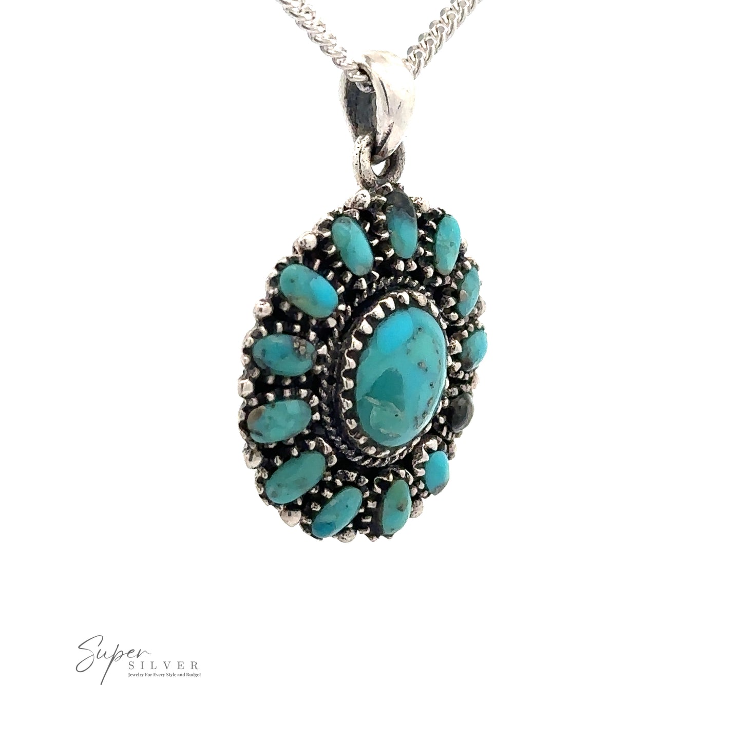 
                  
                    A Native-Inspired Turquoise Flower Cluster Pendant. The pendant features a large central turquoise stone surrounded by smaller ones, capturing a bohemian spirit. Made of .925 Sterling Silver, the design's simplicity highlights its elegance.
                  
                
