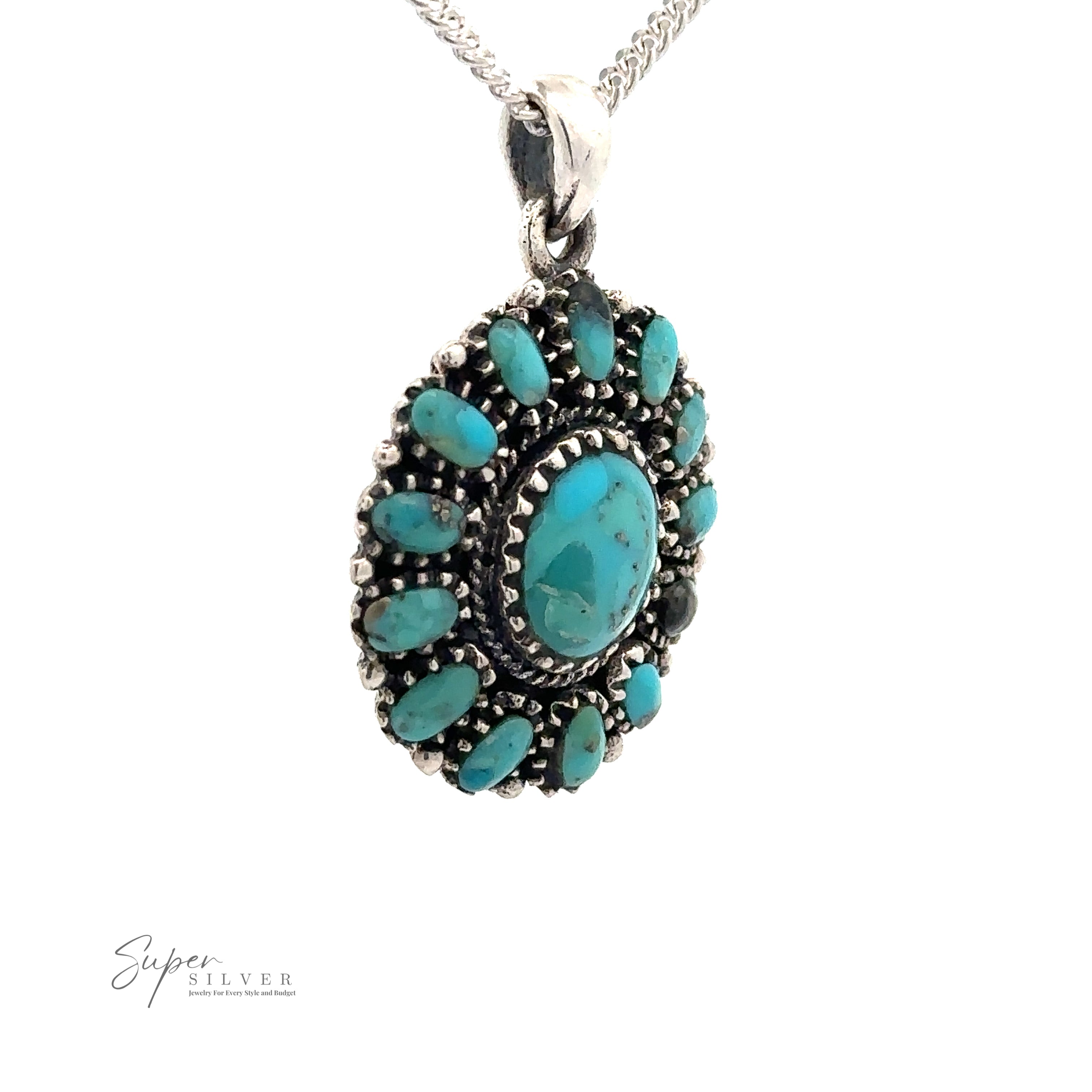 A Native-Inspired Turquoise Flower Cluster Pendant. The pendant features a large central turquoise stone surrounded by smaller ones, capturing a bohemian spirit. Made of .925 Sterling Silver, the design's simplicity highlights its elegance.