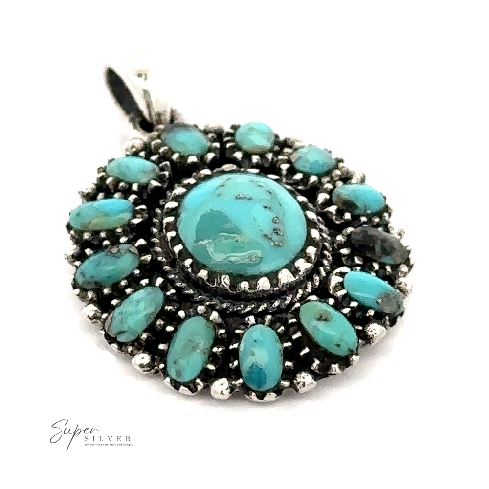 
                  
                    Native-Inspired Turquoise Flower Cluster Pendant adorned with turquoise stones in a floral pattern. Crafted from .925 sterling silver, the words "Super Silver" are visible in the bottom left corner, embracing a bohemian spirit.
                  
                