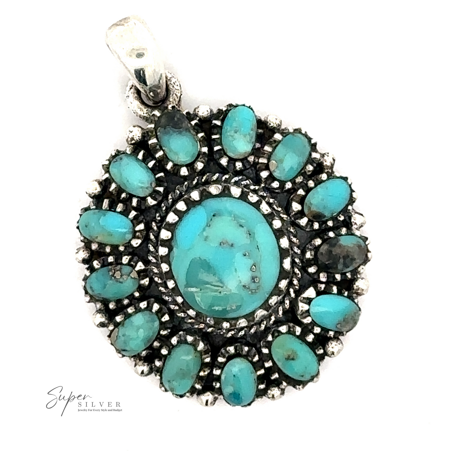 
                  
                    A Native-Inspired Turquoise Flower Cluster Pendant crafted from .925 Sterling Silver features multiple small turquoise stones encircling a larger central stone. A small bail is attached at the top for a chain, embodying a bohemian spirit. The "Super Silver" logo is visible in the bottom left corner.
                  
                