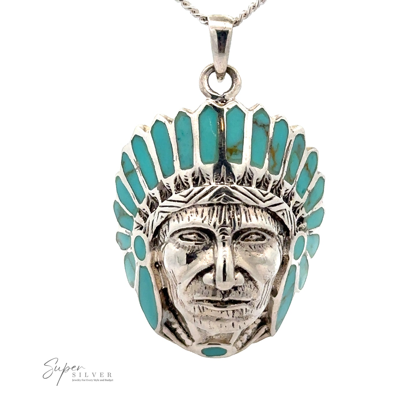 
                  
                    Sterling Silver pendant shaped like a Native American chief's head wearing a headdress with turquoise inlays. This exquisite Chief Pendant With Inlaid Stones is attached to a silver chain, blending tradition with elegance.
                  
                