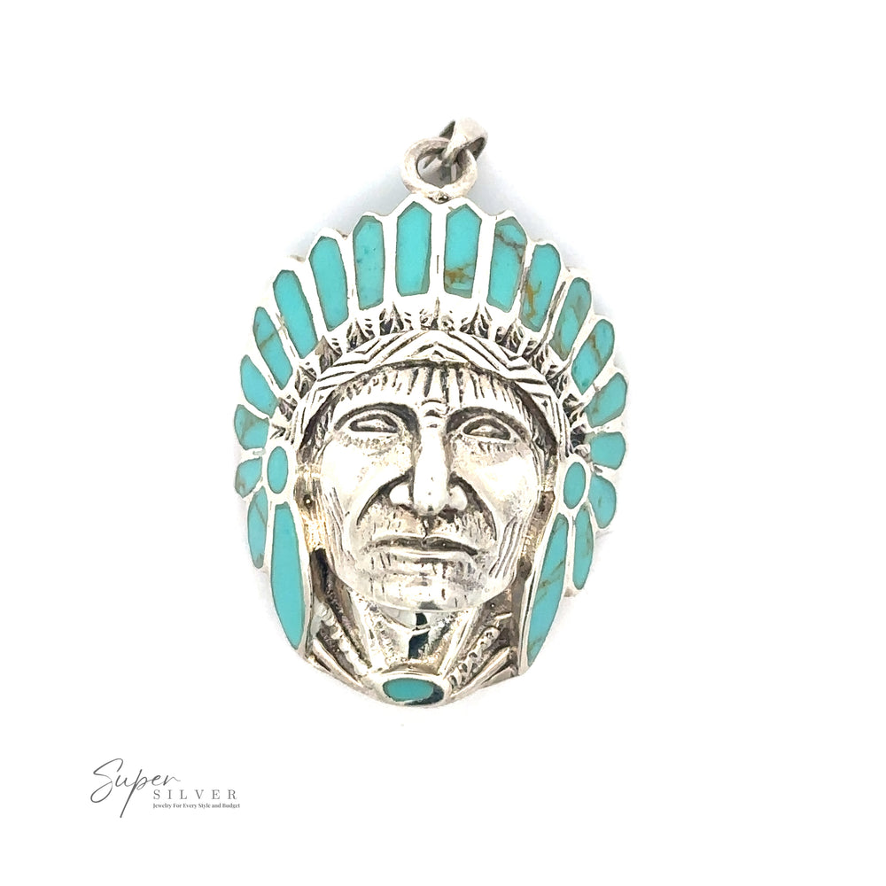 
                  
                    A Chief Pendant With Inlaid Stones featuring the detailed face of a Native Chief wearing an intricate headdress adorned with turquoise stones.
                  
                