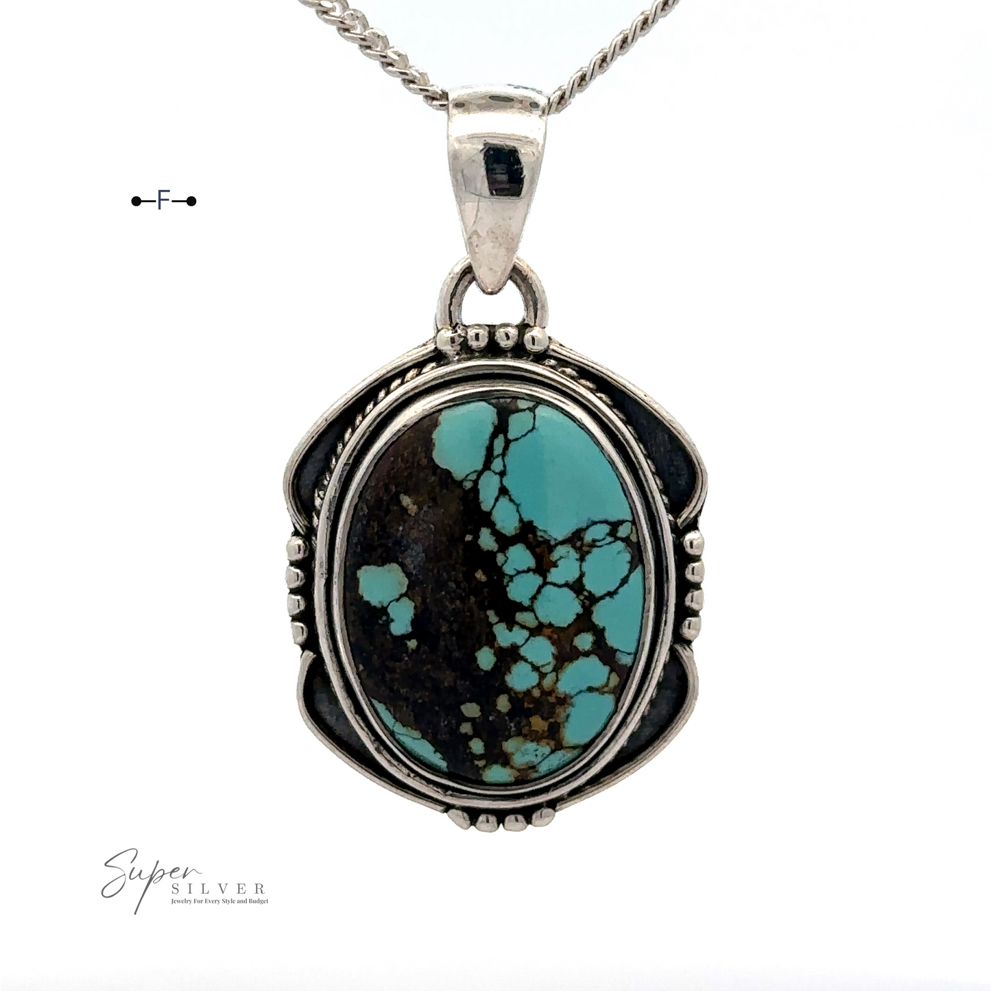 
                  
                    A Natural Turquoise Pendant with an Oval Shield Setting featuring an oval natural turquoise stone with black veins, attached to a .925 sterling silver chain.
                  
                