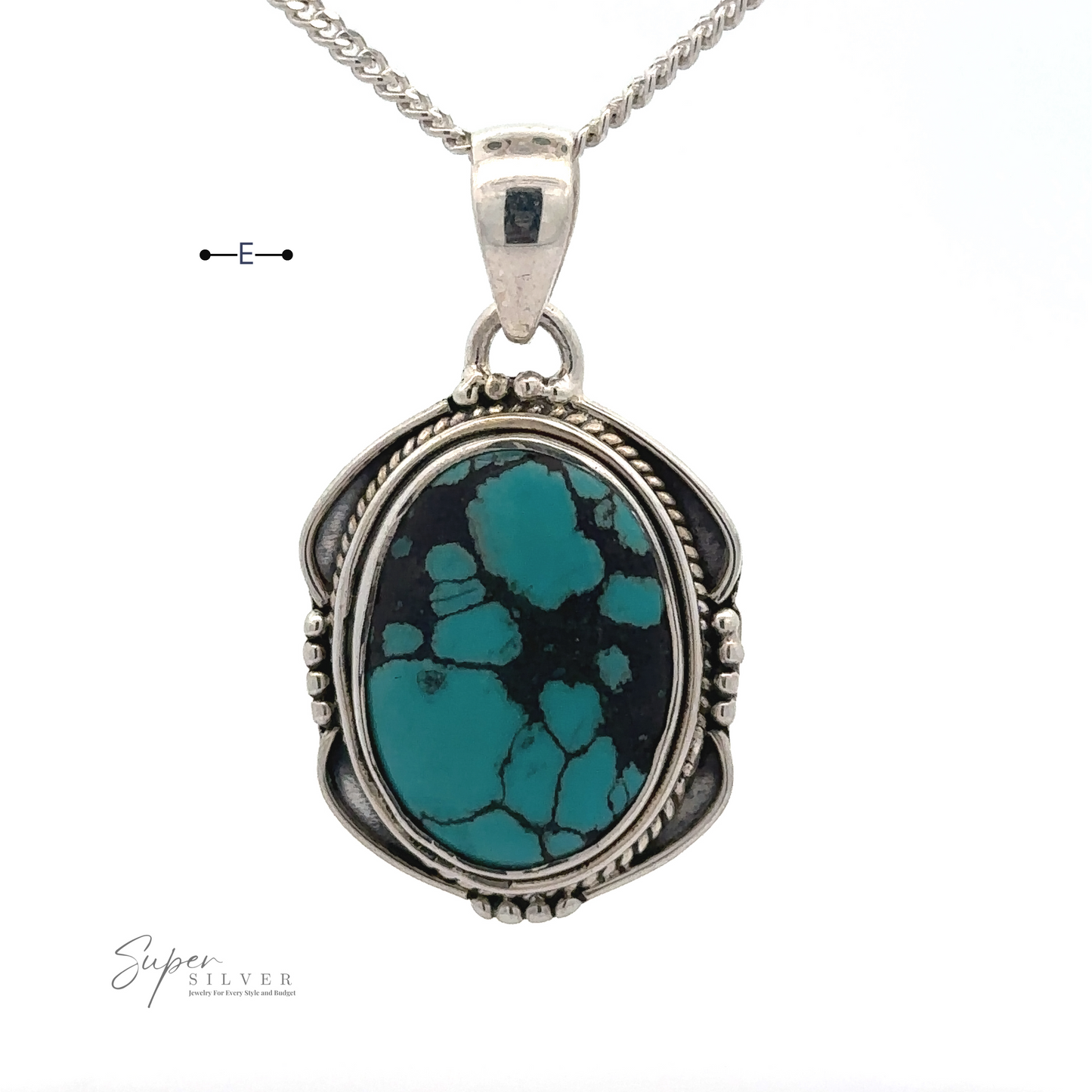 
                  
                    A Natural Turquoise Pendant with an Oval Shield Setting featuring an oval natural turquoise stone with black patterns. The pendant, crafted from sterling silver, has an intricate border design and hangs from a silver chain. "Super Silver" logo is visible in the bottom corner, emphasizing the quality of these handmade items.
                  
                