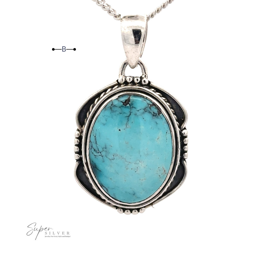 A silver necklace featuring an oval natural turquoise stone encased in an intricate silver setting. Text at the bottom reads "Natural Turquoise Pendant with an Oval Shield Setting." This sterling silver pendant exemplifies exquisite handmade jewelry craftsmanship.