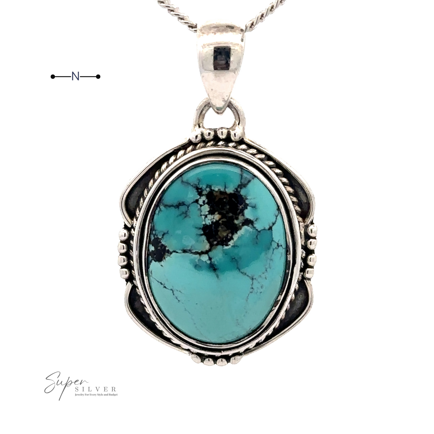 
                  
                    A Natural Turquoise Pendant with an Oval Shield Setting showcasing a large oval turquoise stone with black veining, surrounded by intricate .925 Sterling Silver detailing. Small logo reads "Super Silver" in the corner, ensuring authenticity of this exquisite handmade item.
                  
                