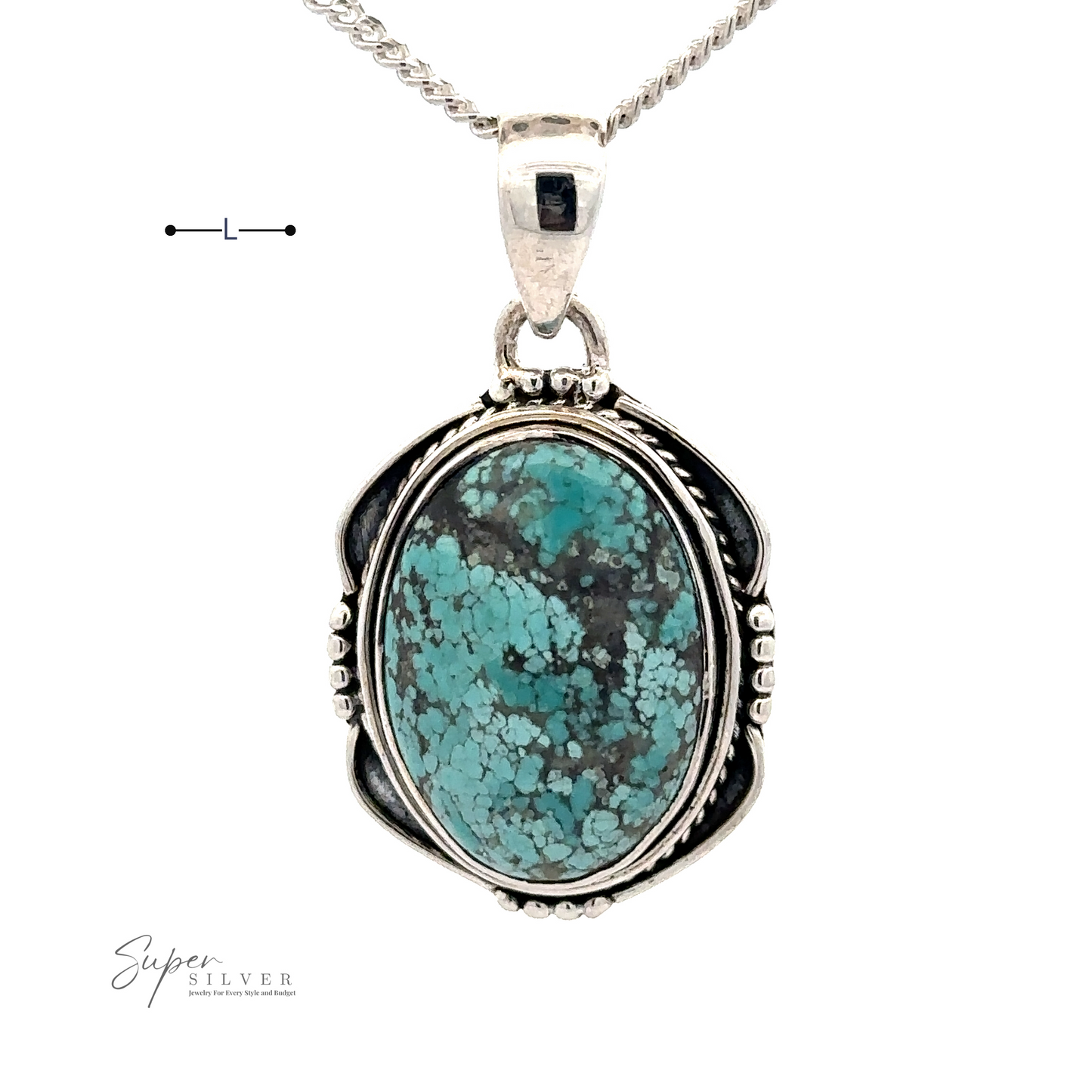 
                  
                    A Natural Turquoise Pendant with an Oval Shield Setting featuring a large natural turquoise stone. The chain, made of sterling silver, is visible, and the background is plain white.
                  
                