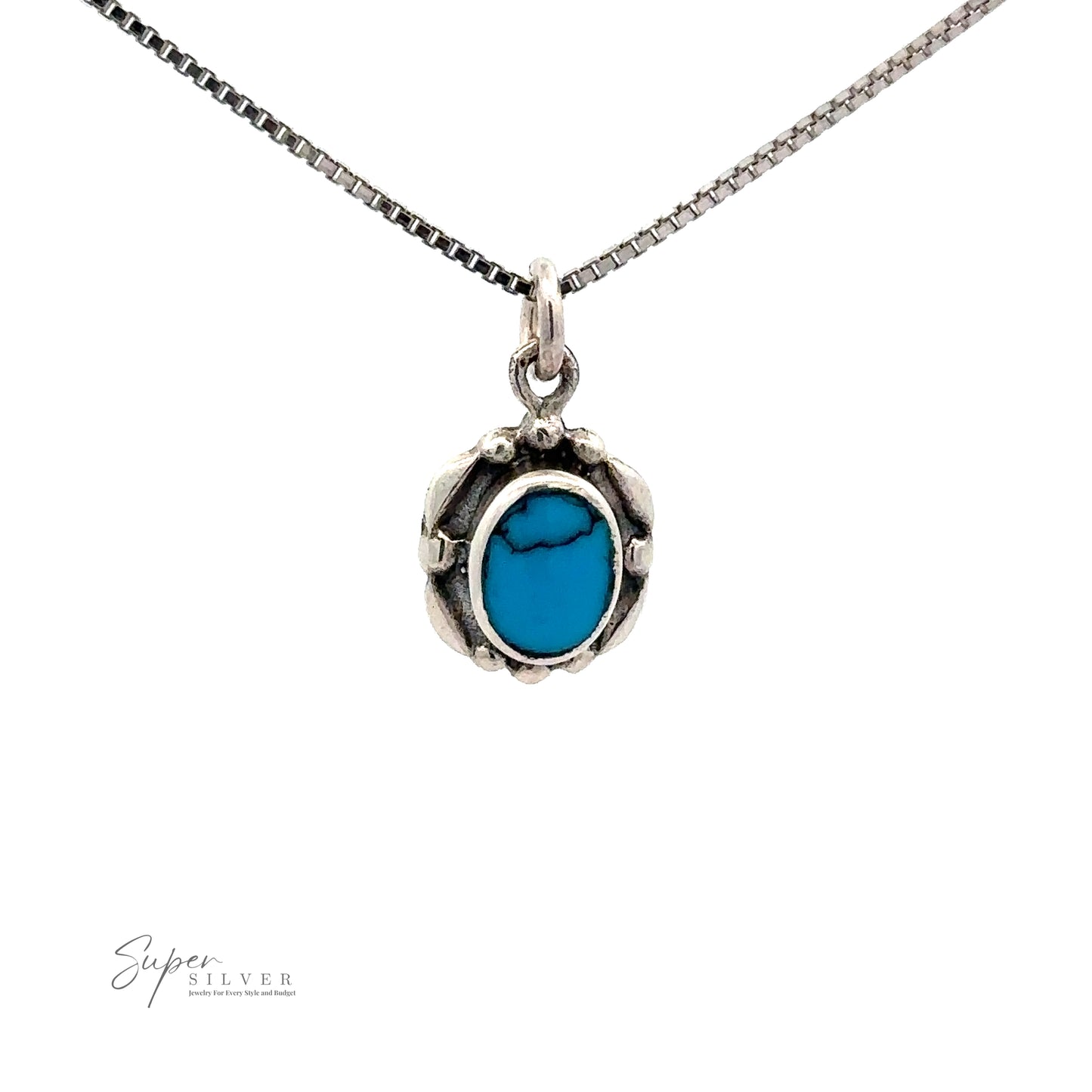 A Beautiful Oval Stone Pendant With Silver Border. The oval-shaped blue turquoise is set in an intricate silver frame, making this necklace a captivating addition to any jewelry collection.