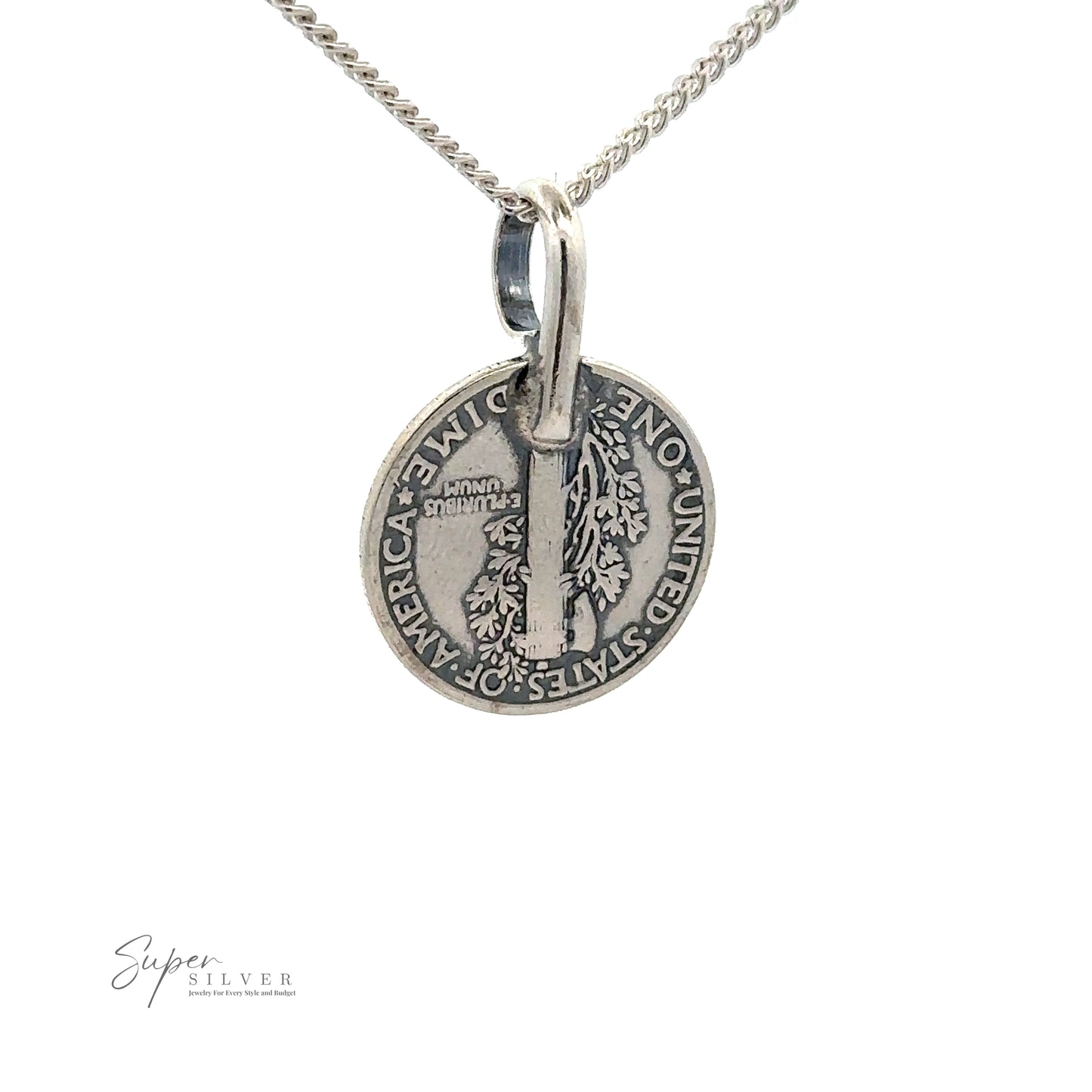 
                  
                    A Dime Pendant With A Round Turquoise features a handmade pendant crafted from a United States dime. The word "Silver" and logo "Super Silver" appear in the bottom-left corner.
                  
                