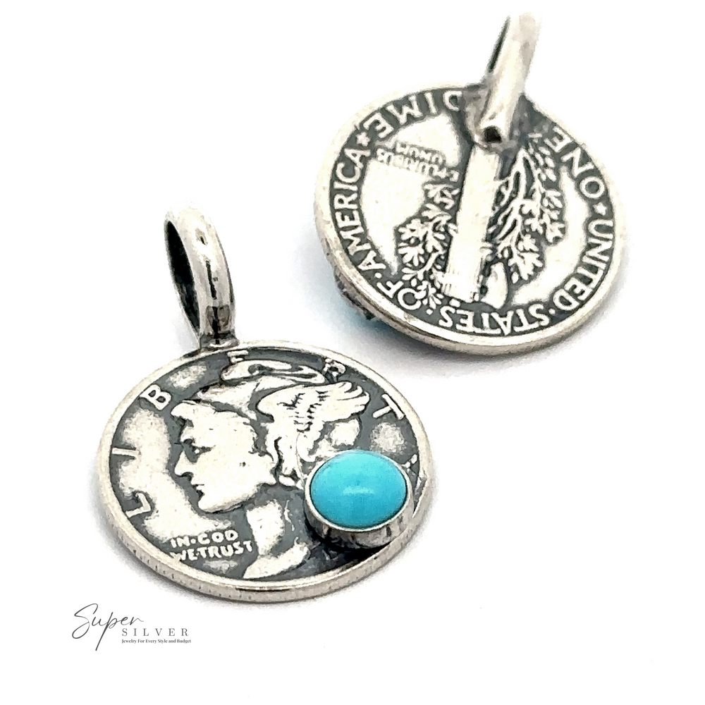 Dime Pendant With A Round Turquoise, crafted from coins featuring a profile on one side and an American symbol on the other. One pendant is adorned with a small round turquoise stone, adding a touch of color. The background is white.