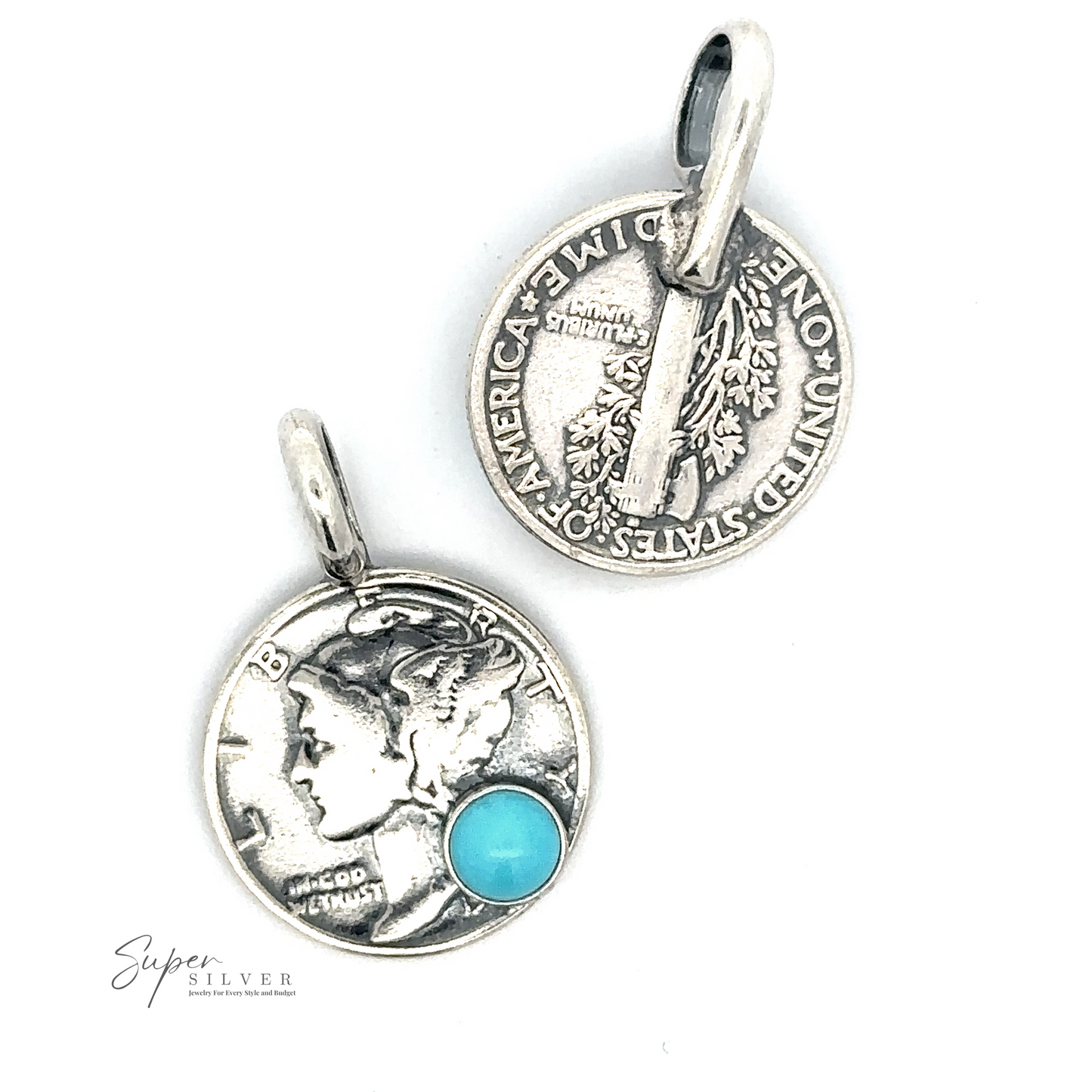 
                  
                    Two Dime Pendants With A Round Turquoise; one features a round turquoise stone at the bottom, and the other shows intricate engraving on both sides. The bottom-left corner has text reading, "Super Silver." These pieces of turquoise jewelry are exquisite and timeless in their beauty.
                  
                