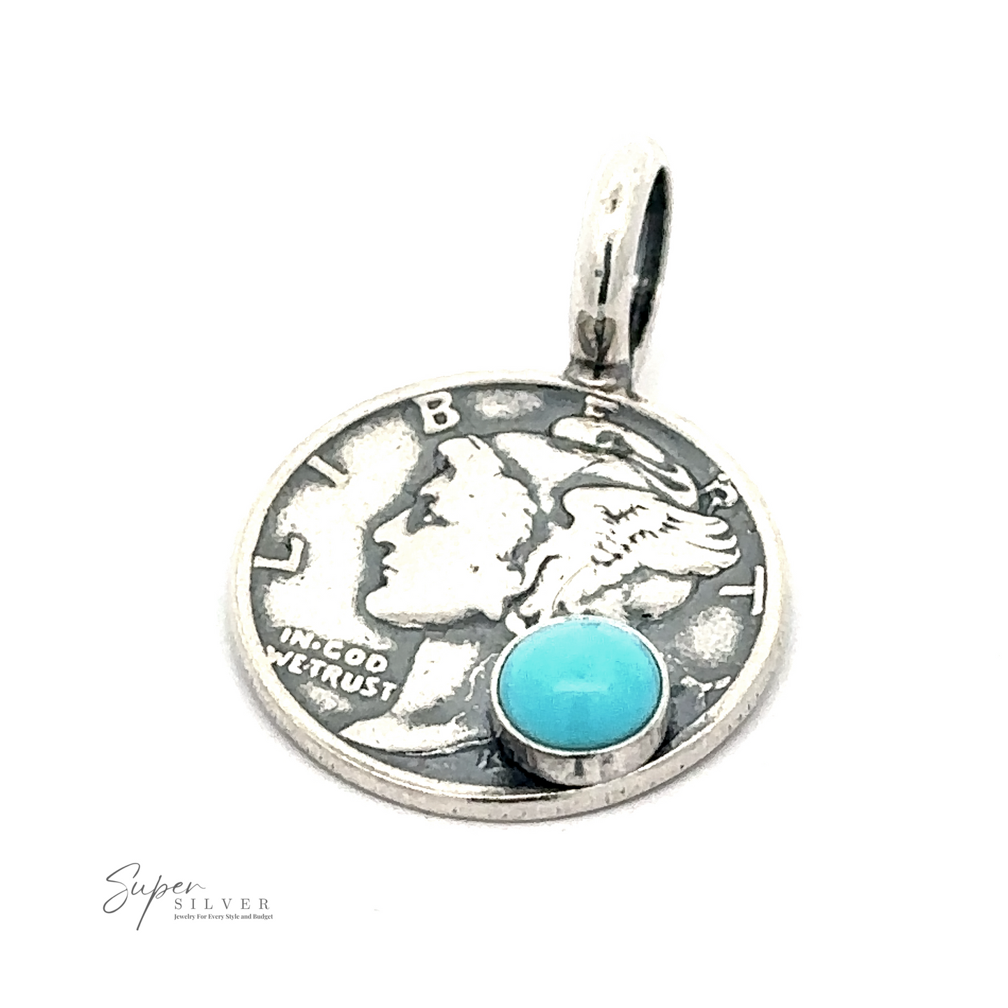 
                  
                    A silver pendant featuring a vintage coin with the word "LIBERTY" and a head profile. It has a round turquoise stone set in a small circular bezel at the bottom of the coin. This exquisite piece of handmade Dime Pendant With A Round Turquoise reads "Super Silver.
                  
                