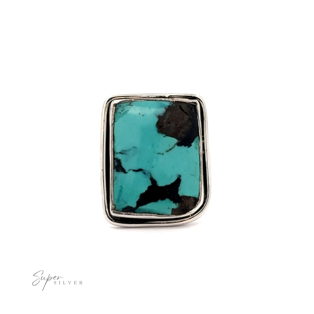 A Rectangular Natural Turquoise Ring With Plain Border, with black and brown marbling, set in a sterling silver frame, is displayed against a white background. The "Super Silver" logo is visible at the bottom left.