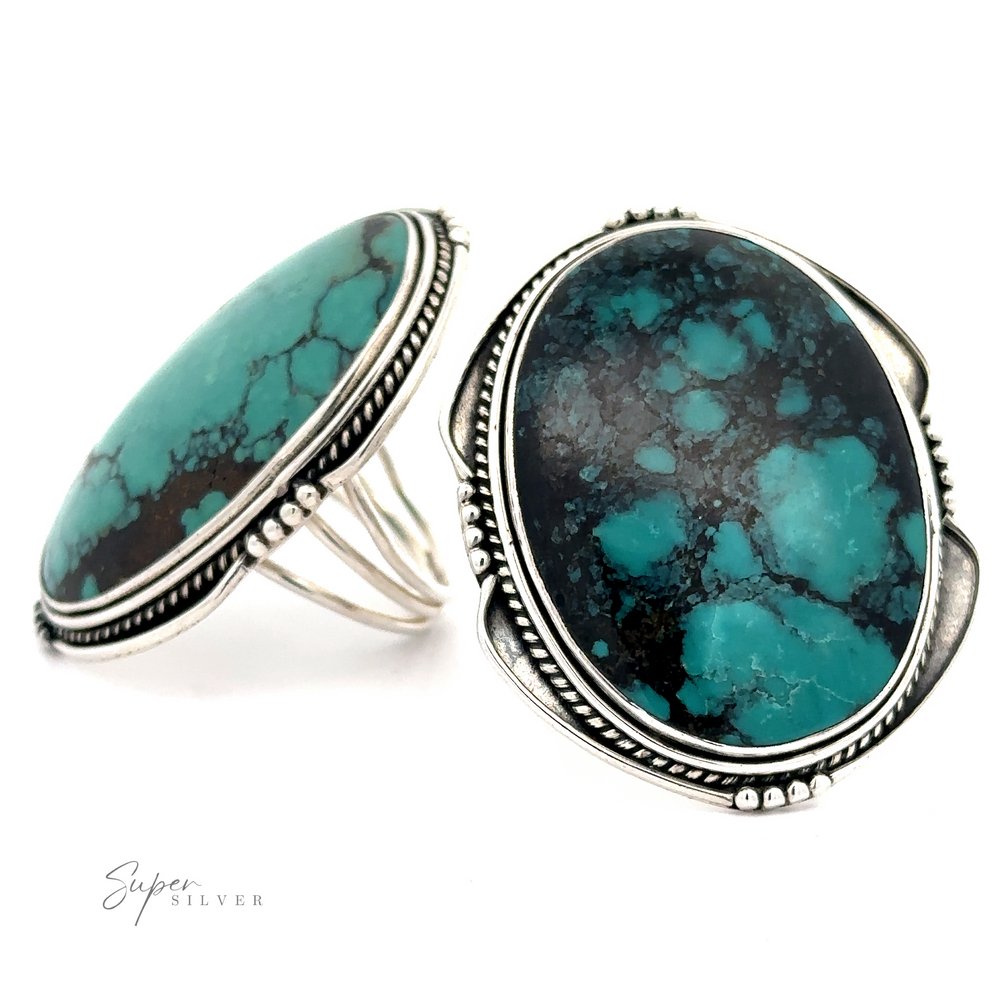 Two Oval Natural Turquoise Rings With Rope And Ball Border with intricate sterling silver band designs are displayed against a white background. The logo 