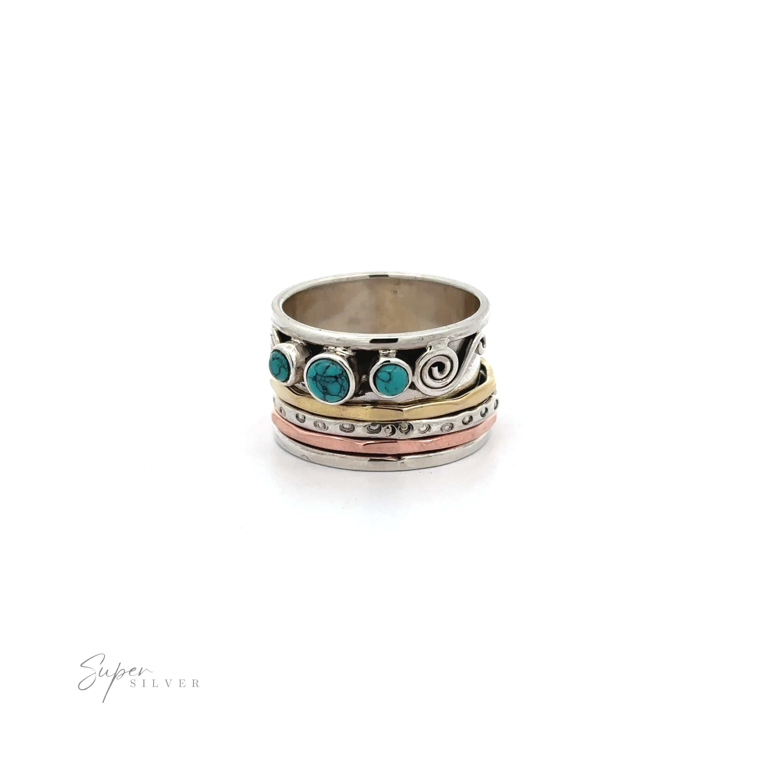 A Turquoise Spinner Band with Swirls ring with turquoise stones on top.