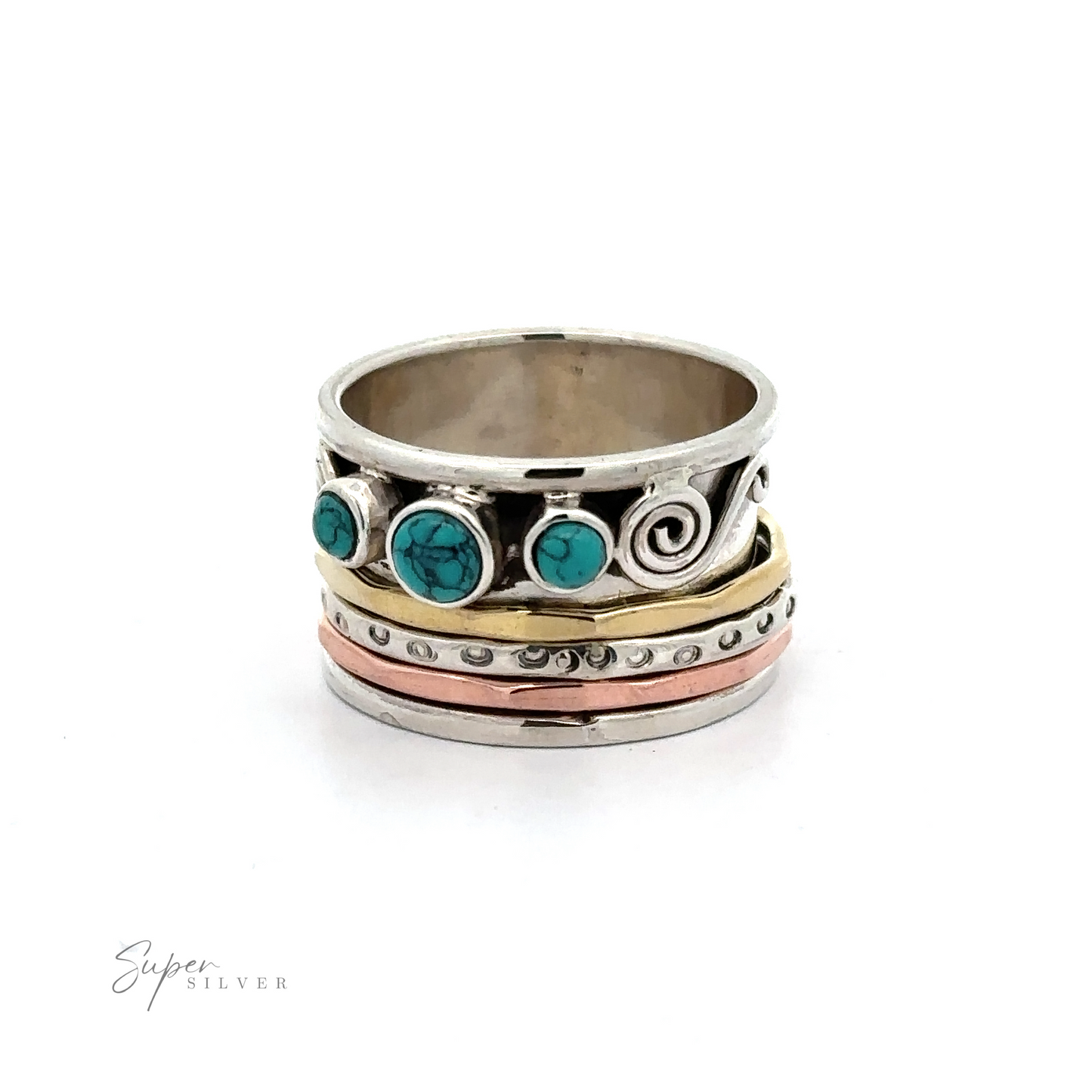 
                  
                    A Turquoise Spinner Band with Swirls statement ring.
                  
                