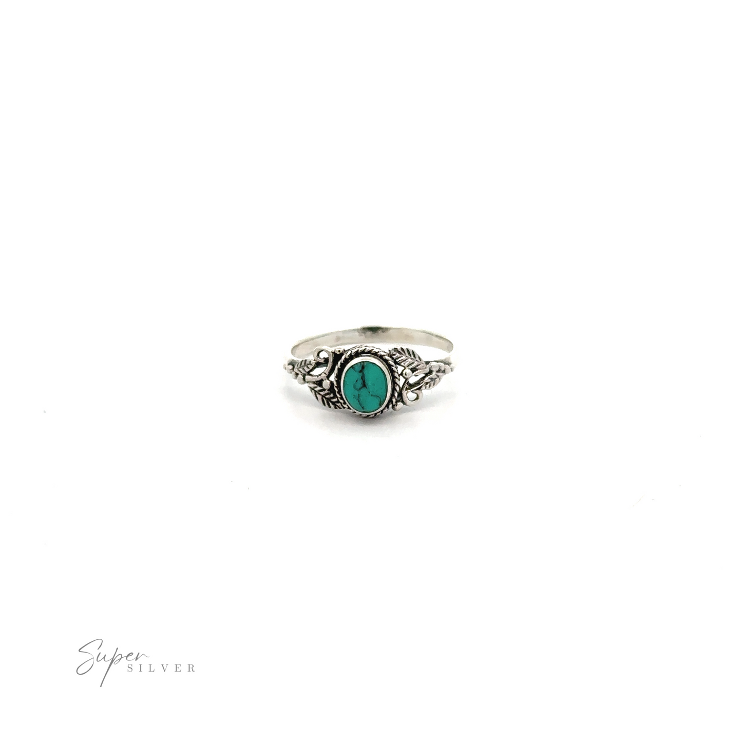 .925 Sterling Silver Turquoise Stone Ring with Leaves on a white background.