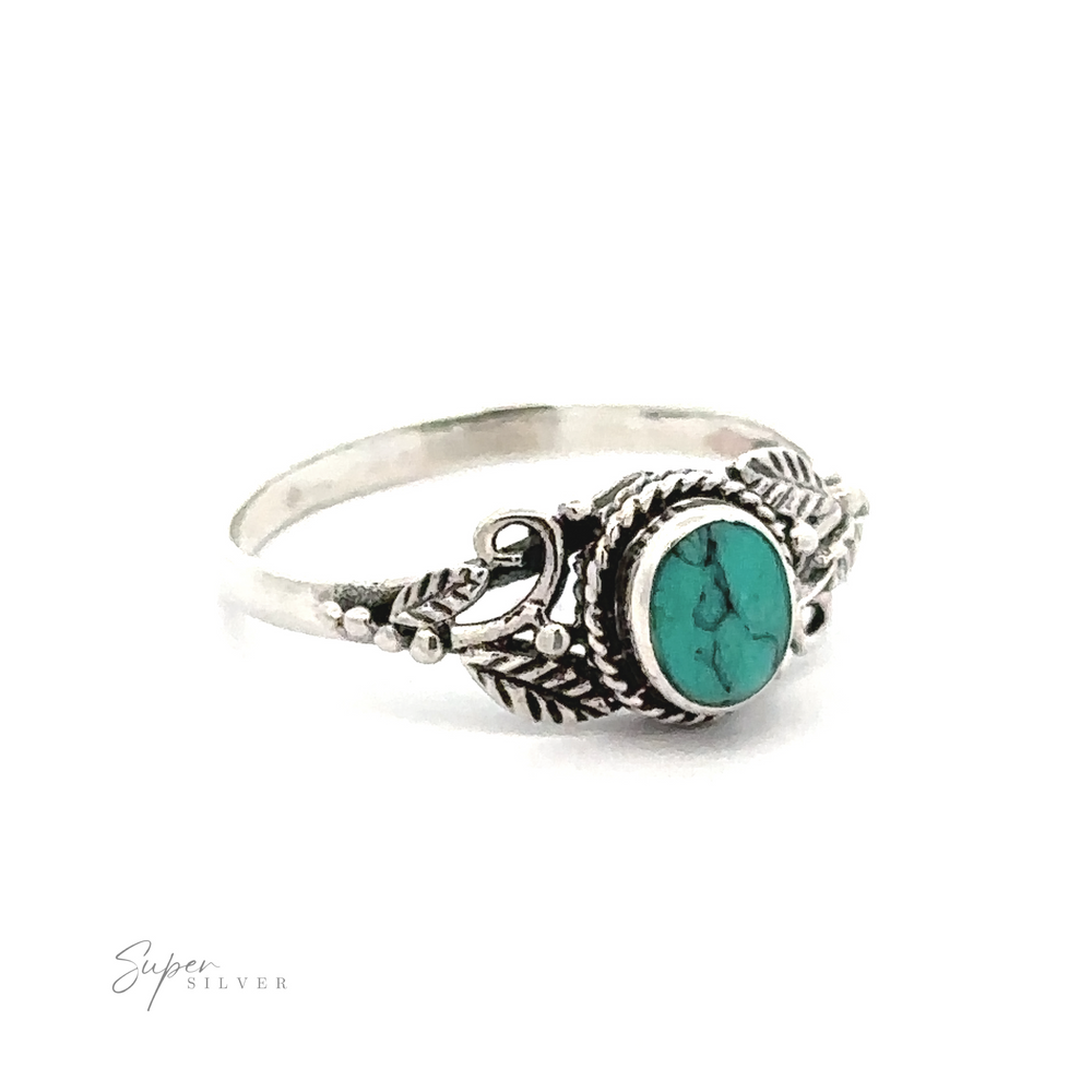 Turquoise Stone Ring with Leaves, featuring intricate leaf and swirl designs in .925 Sterling Silver.
