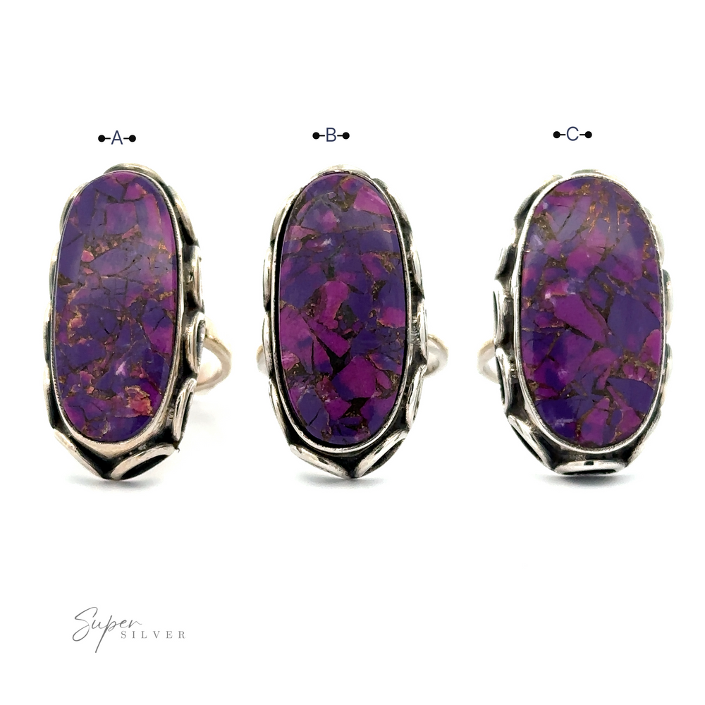 Three Statement Purple Turquoise Rings with oval-shaped Purple Mojave Turquoise stones labeled as A, B, and C on a white background. The stones exhibit a marbled texture with gold veining. "Super Silver" text is visible at the bottom left.