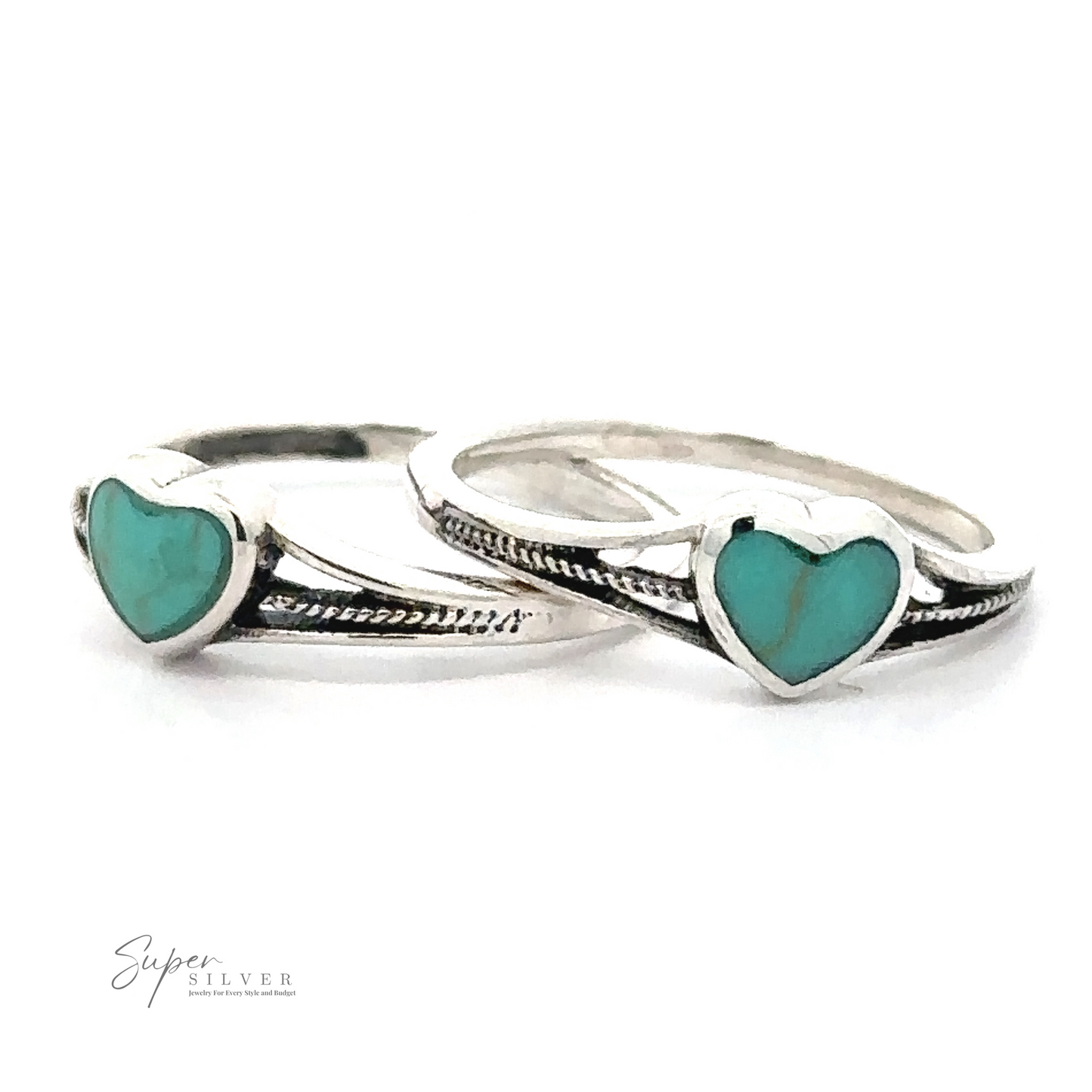 
                  
                    Two adorable Small Inlaid Turquoise Heart Rings with sterling silver bands, displayed side by side. The "Super Silver" logo is visible in the bottom left corner.
                  
                