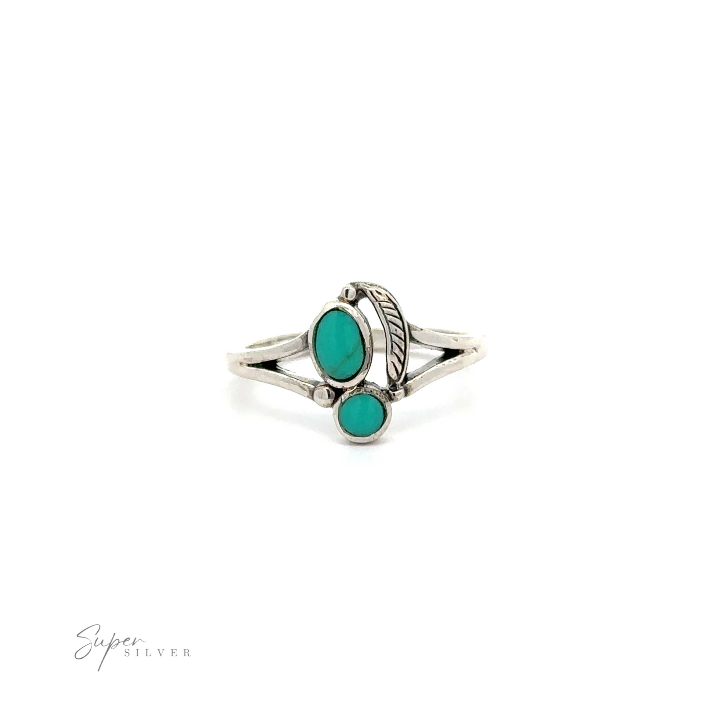 
                  
                    A Stone and Feather Ring made of sterling silver with inlaid turquoise stones.
                  
                