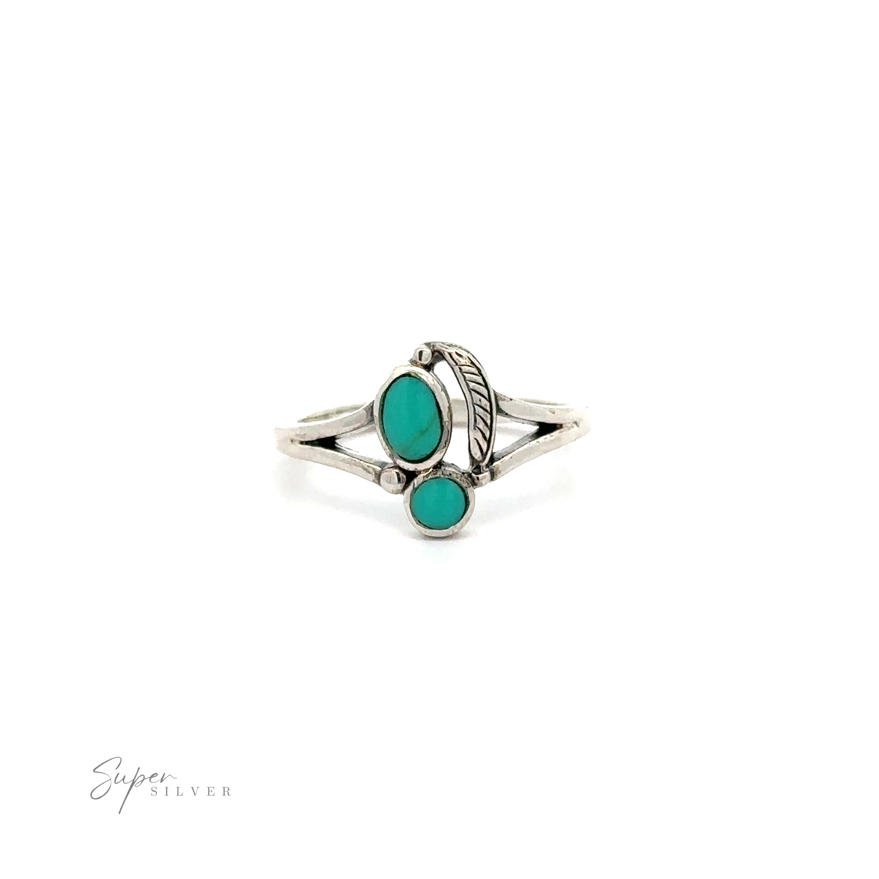 A Stone and Feather Ring made of sterling silver with inlaid turquoise stones.