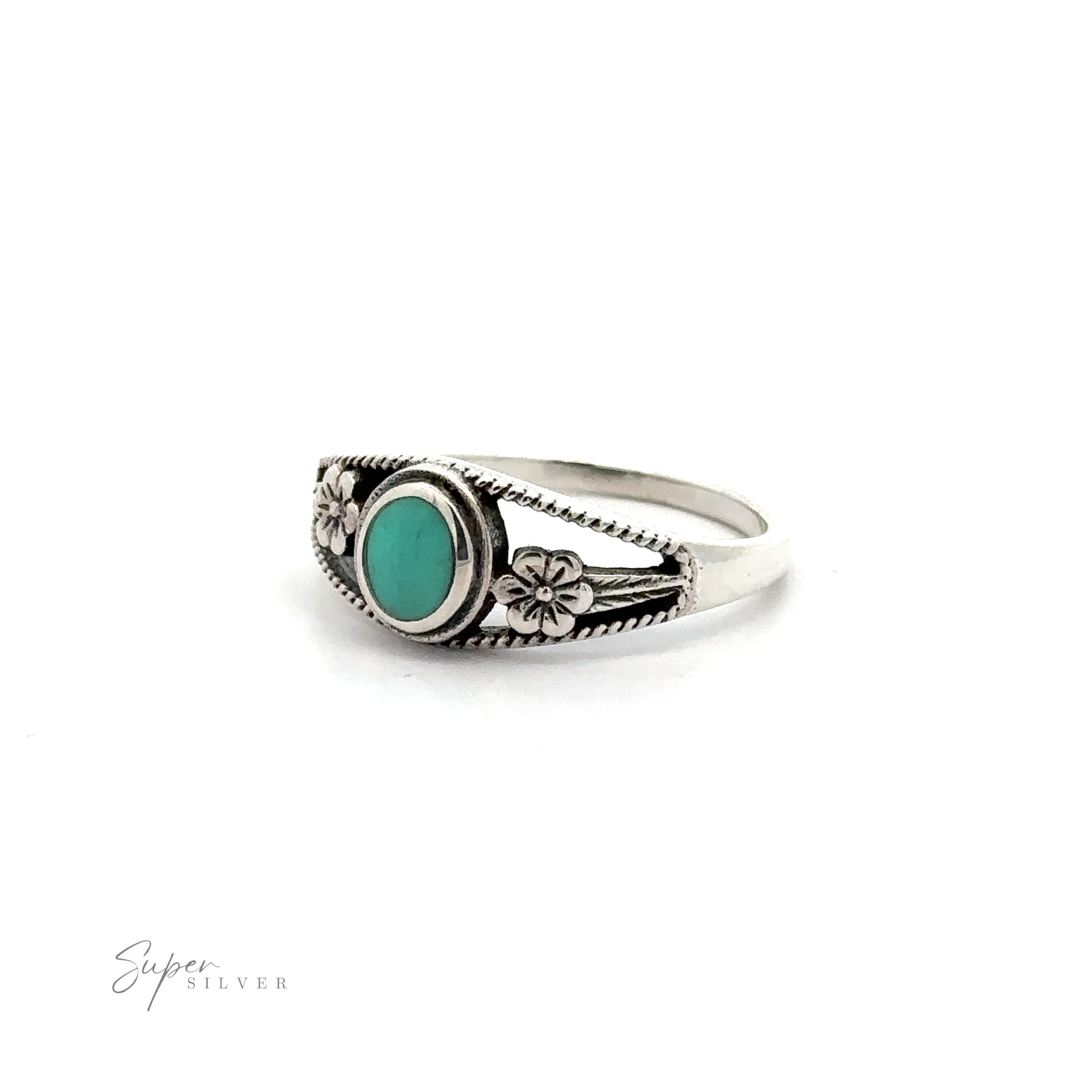 A sterling silver Inlay Stone Ring with Flower and Rope Design.