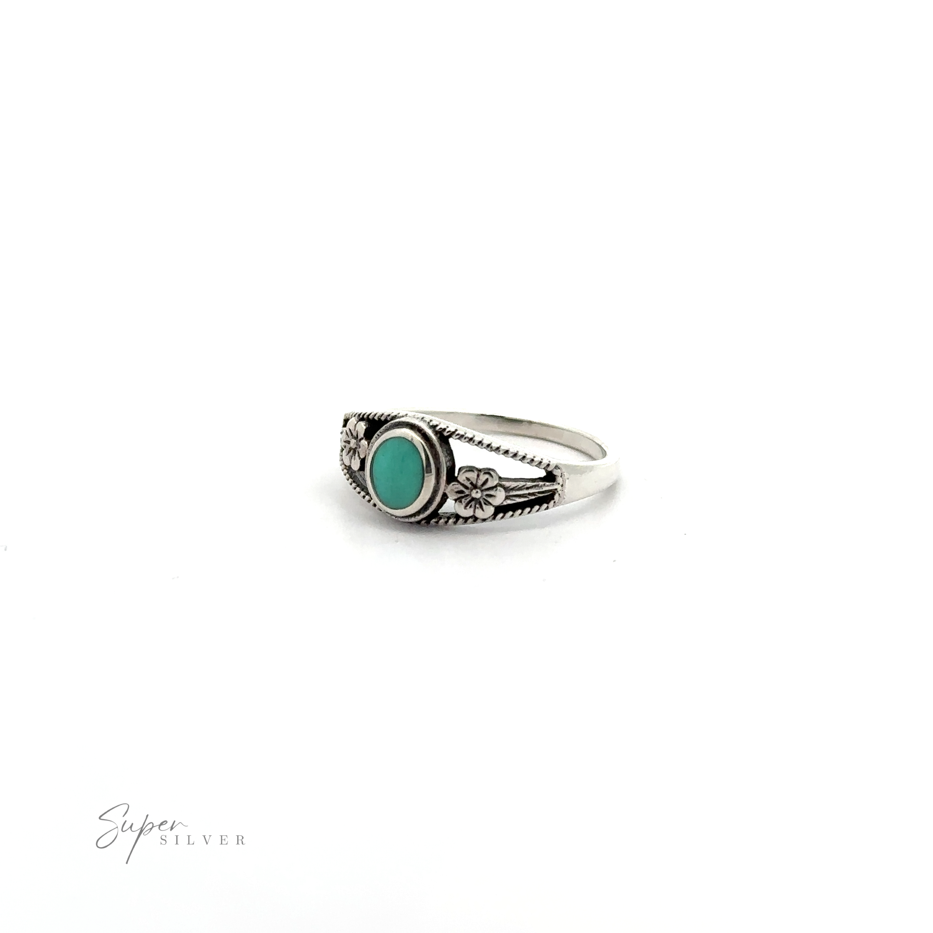 This Inlay Stone Ring with Flower and Rope Design features a center turquoise stone with a delicate floral design.
