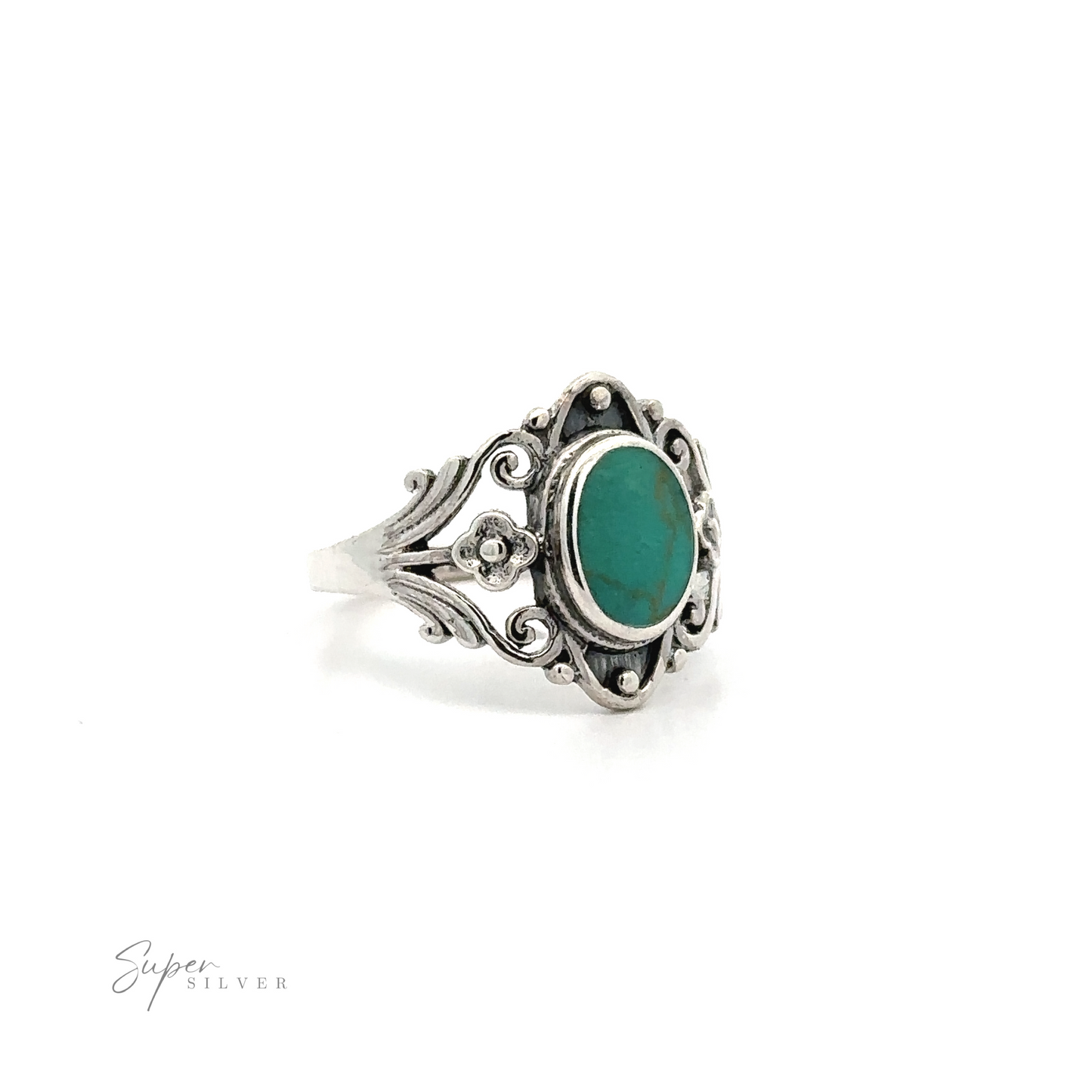 
                  
                    A floral filigree inlay stone ring with a turquoise stone.
                  
                