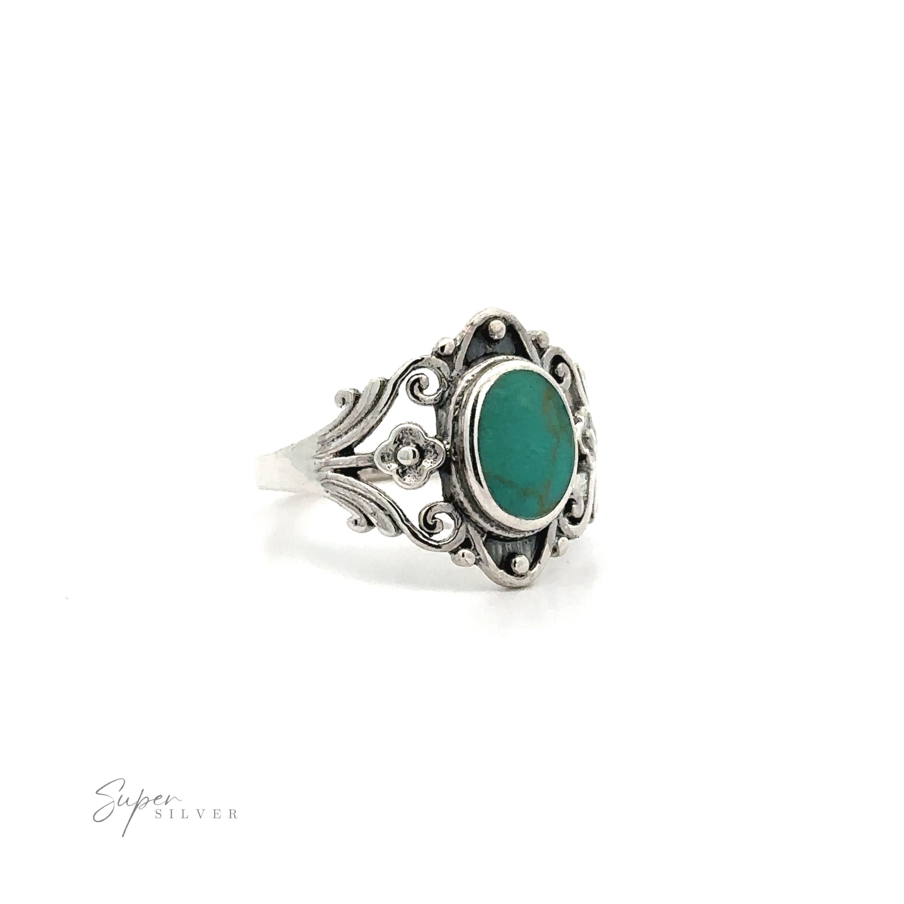 A floral filigree inlay stone ring with a turquoise stone.