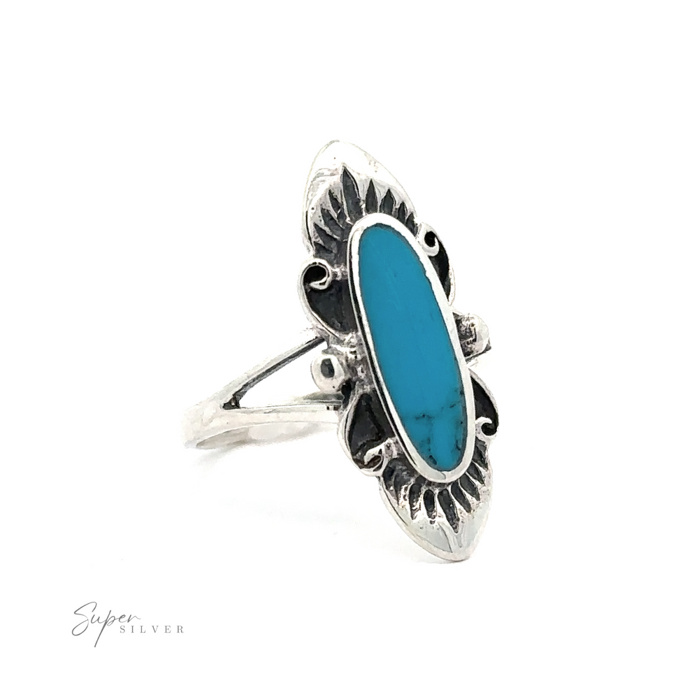 
                  
                    A Southwest Inspired Elongated Oval ring with a stunning turquoise stone.
                  
                