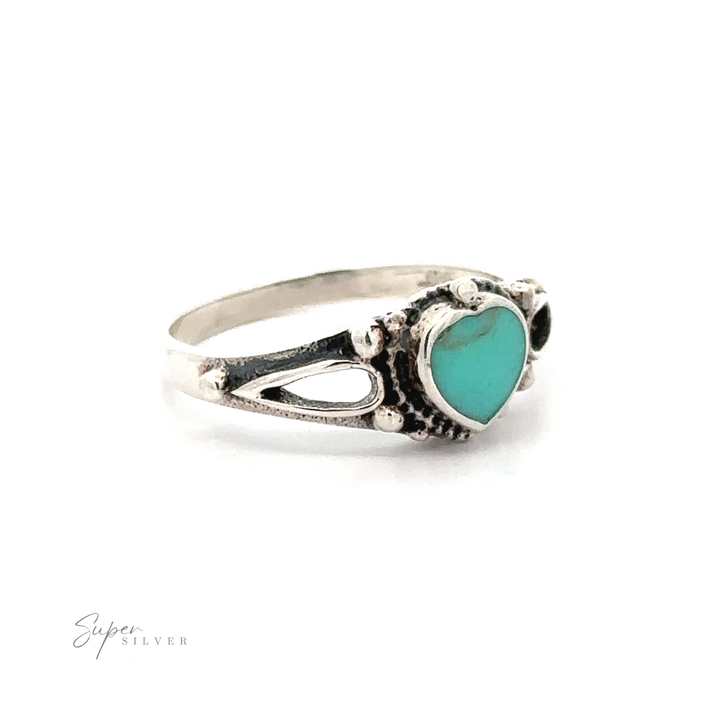 
                  
                    Inlaid Stone Heart Ring with an inlaid turquoise stone set in an ornate band, exuding vintage charm.
                  
                