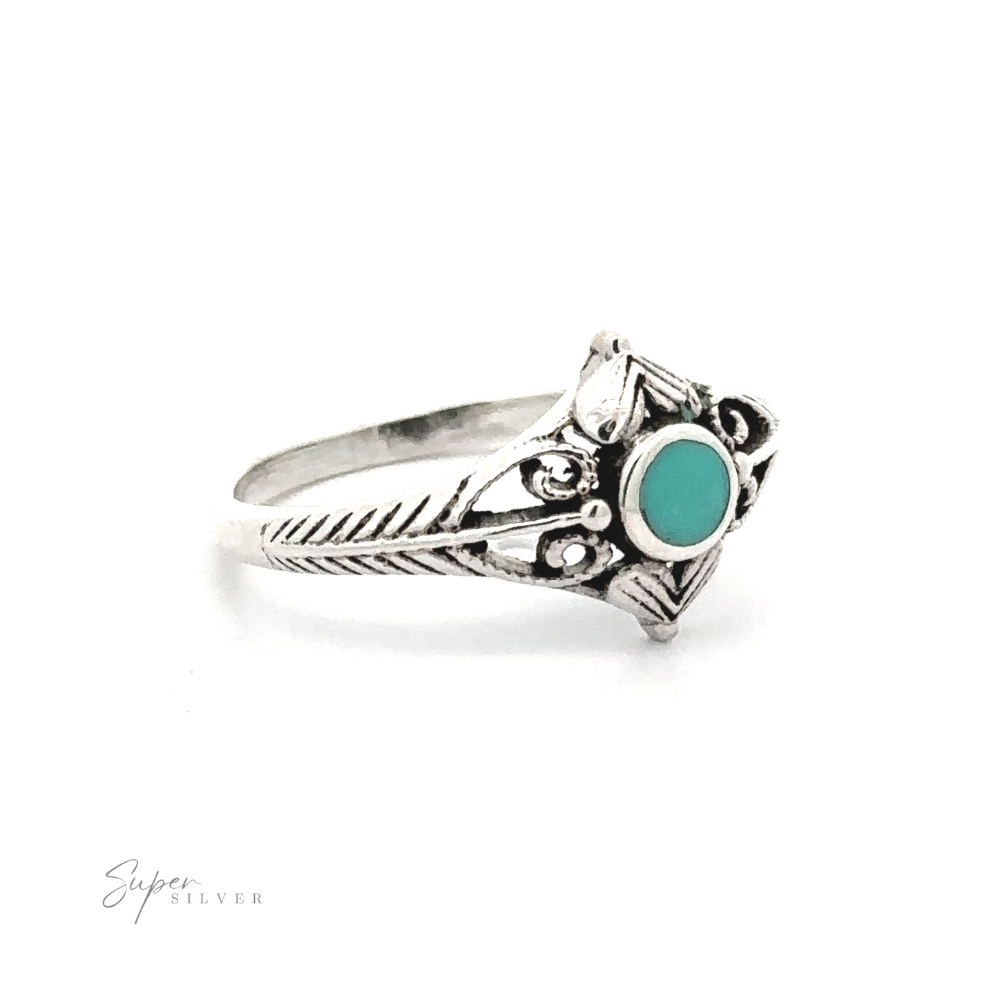 
                  
                    A sterling silver Inlaid Stone Diamond Shaped Ring with Filigree Accents and heart design.
                  
                