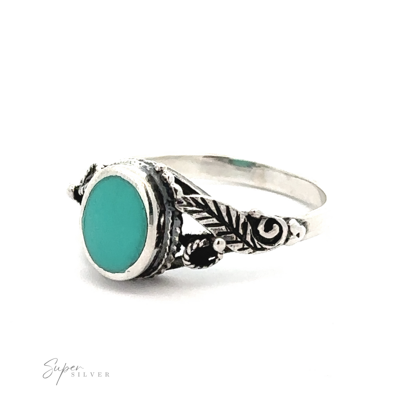 
                  
                    A Beautiful Oval Stone Ring with Leaf Design set in .925 Sterling Silver.
                  
                