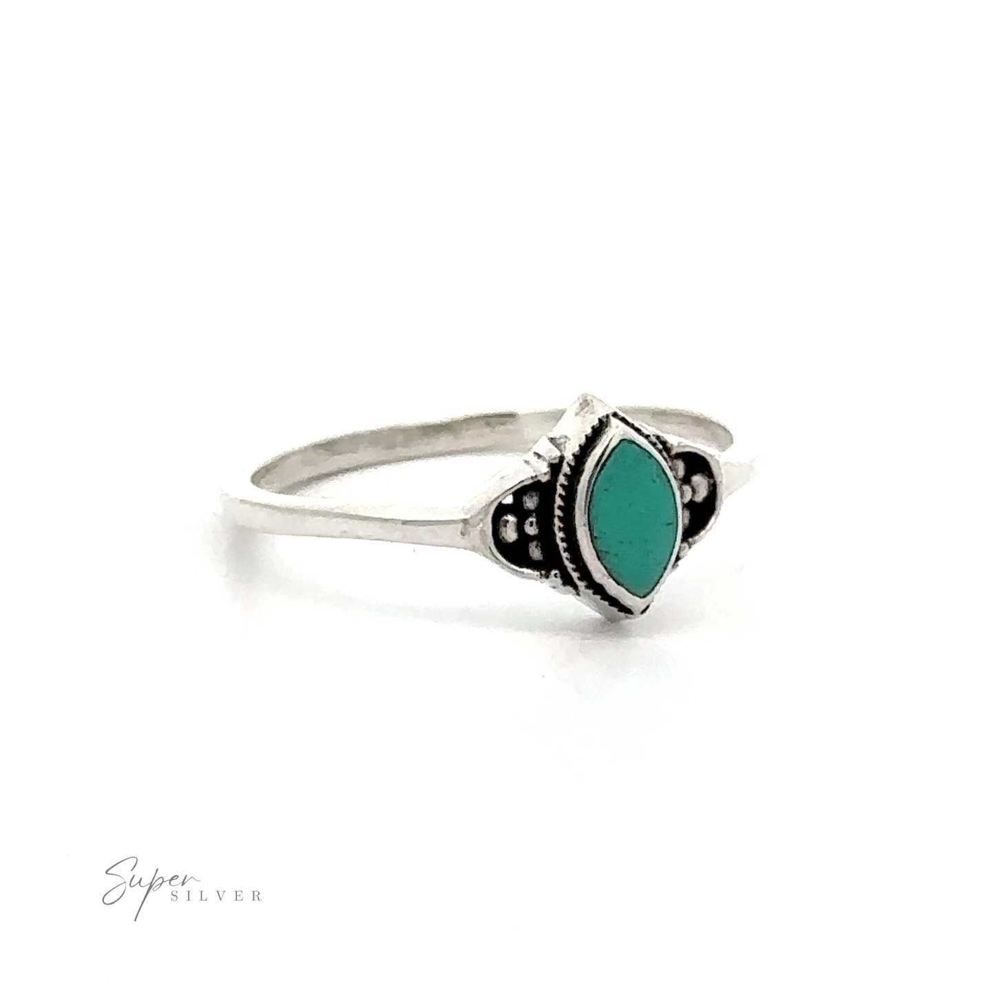 
                  
                    A Delicate Marquise Inlaid Stone Ring with an inlaid turquoise stone.
                  
                
