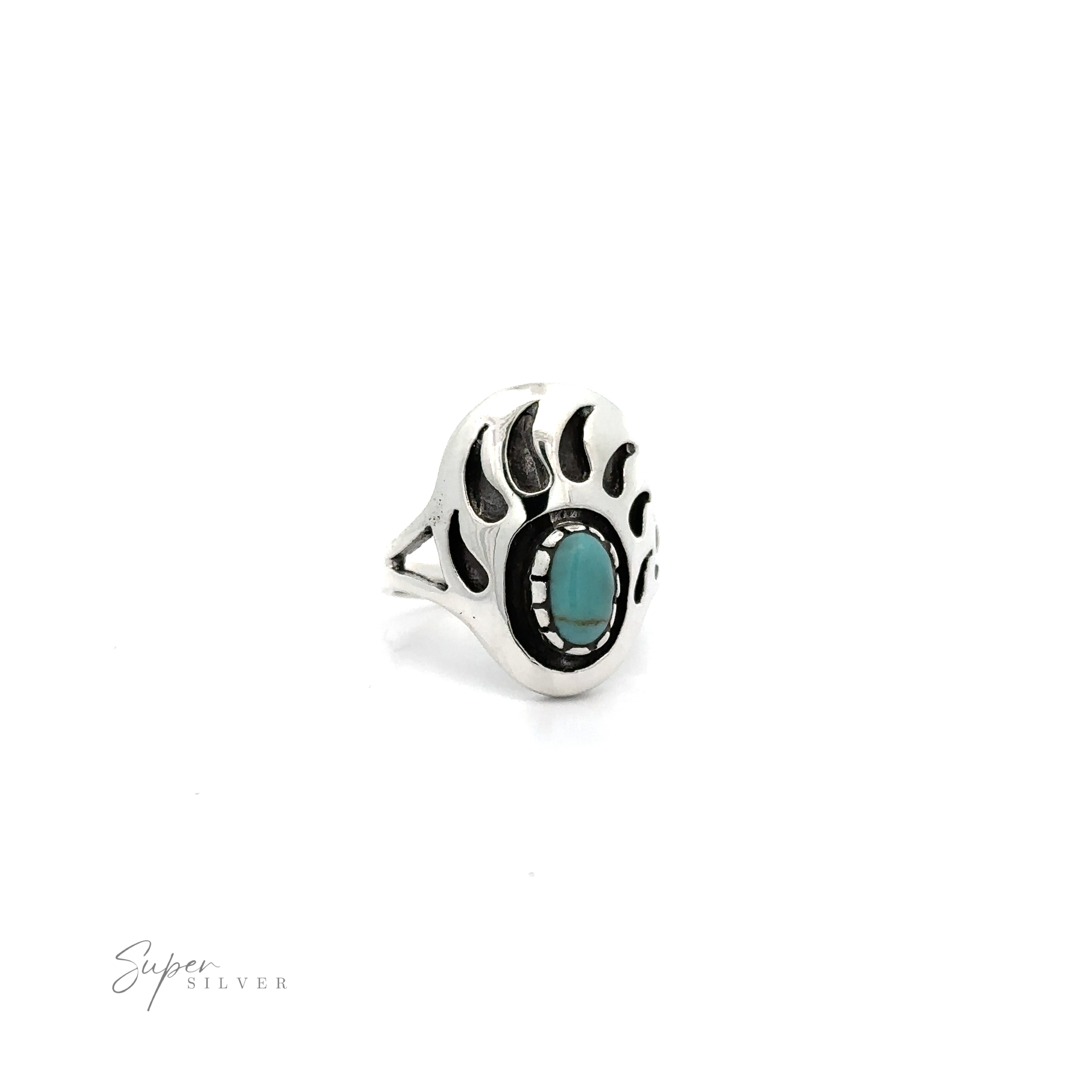 A stunning Stone Bear Paw ring made of silver, featuring a captivating turquoise stone.