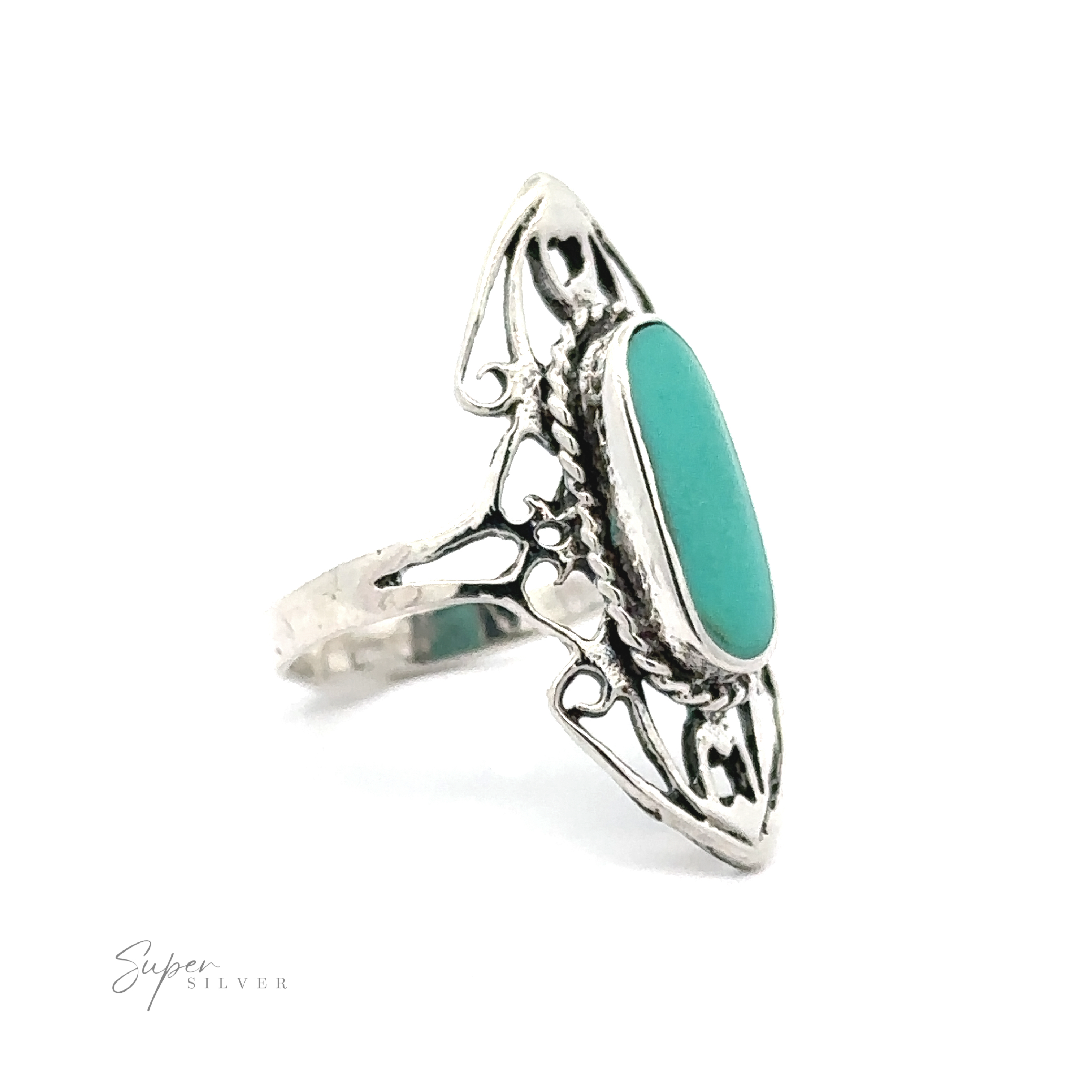 Elongated Filigree Ring With Oval Inlaid Stone with an oval turquoise stone set in an open filigree band.