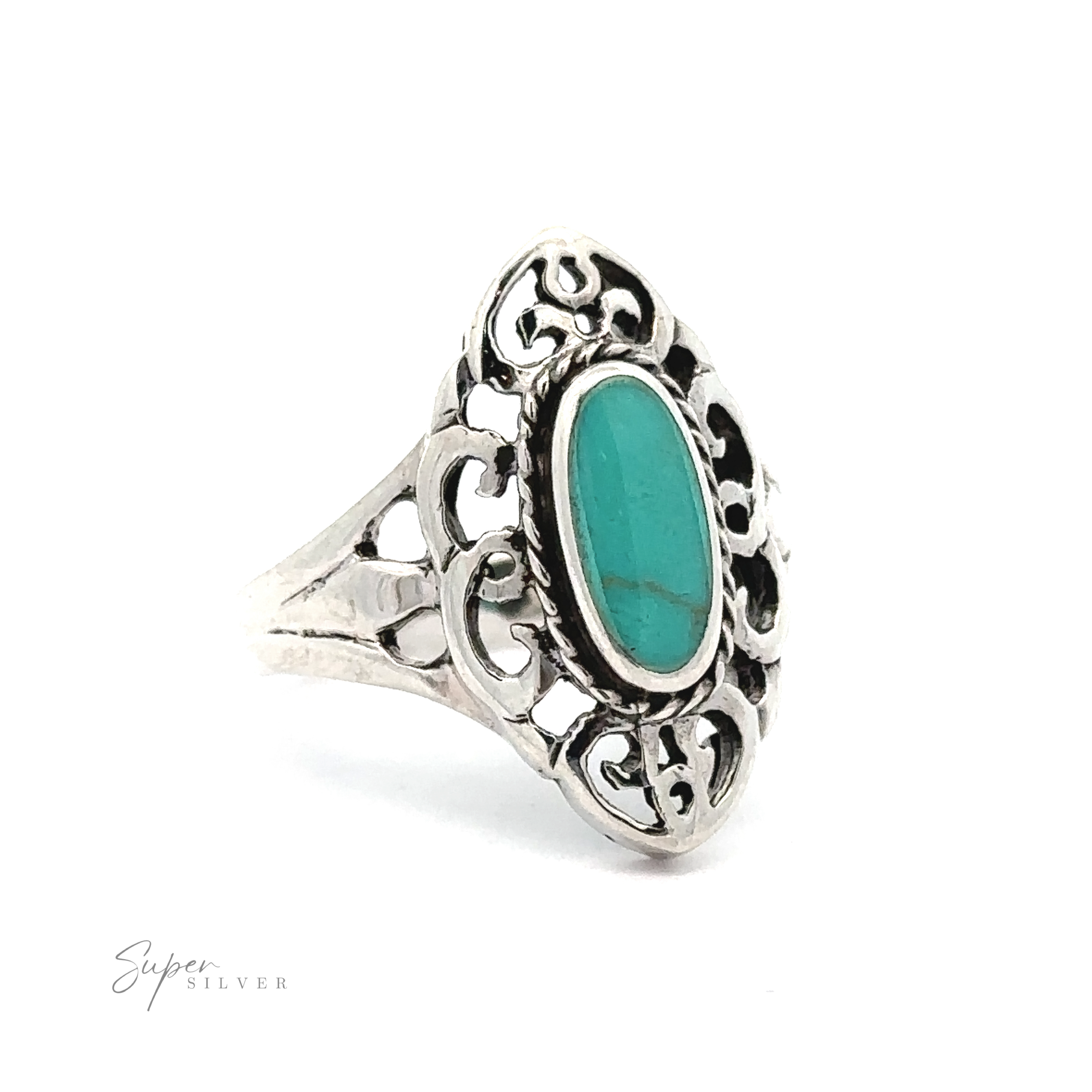 A mesmerizing Marquise Filigree Inlay Stone Ring with an oval turquoise stone set in an ornate filigree band.