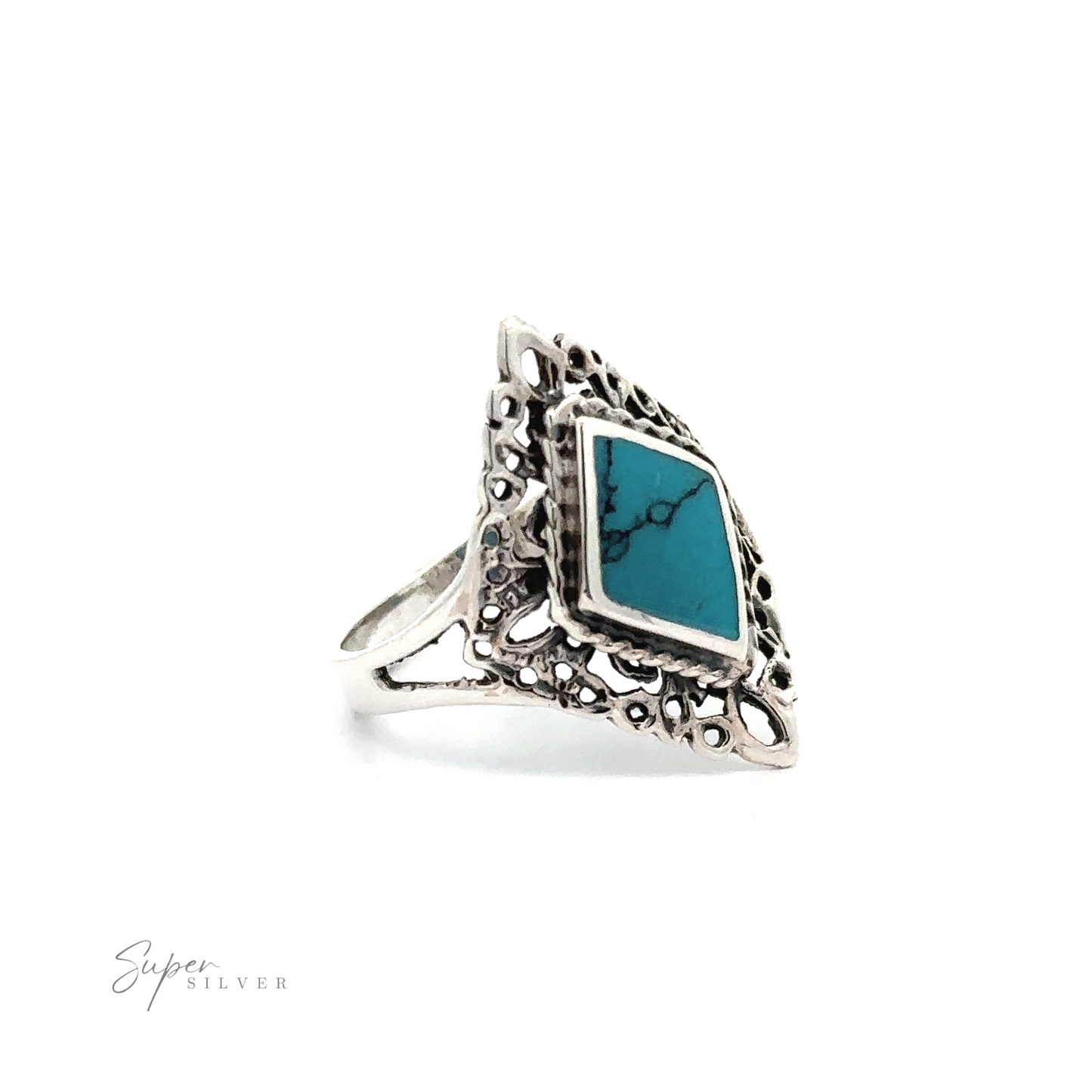 
                  
                    A Diamond Shaped Filigree Ring with Inlaid Stones with turquoise embellishments.
                  
                