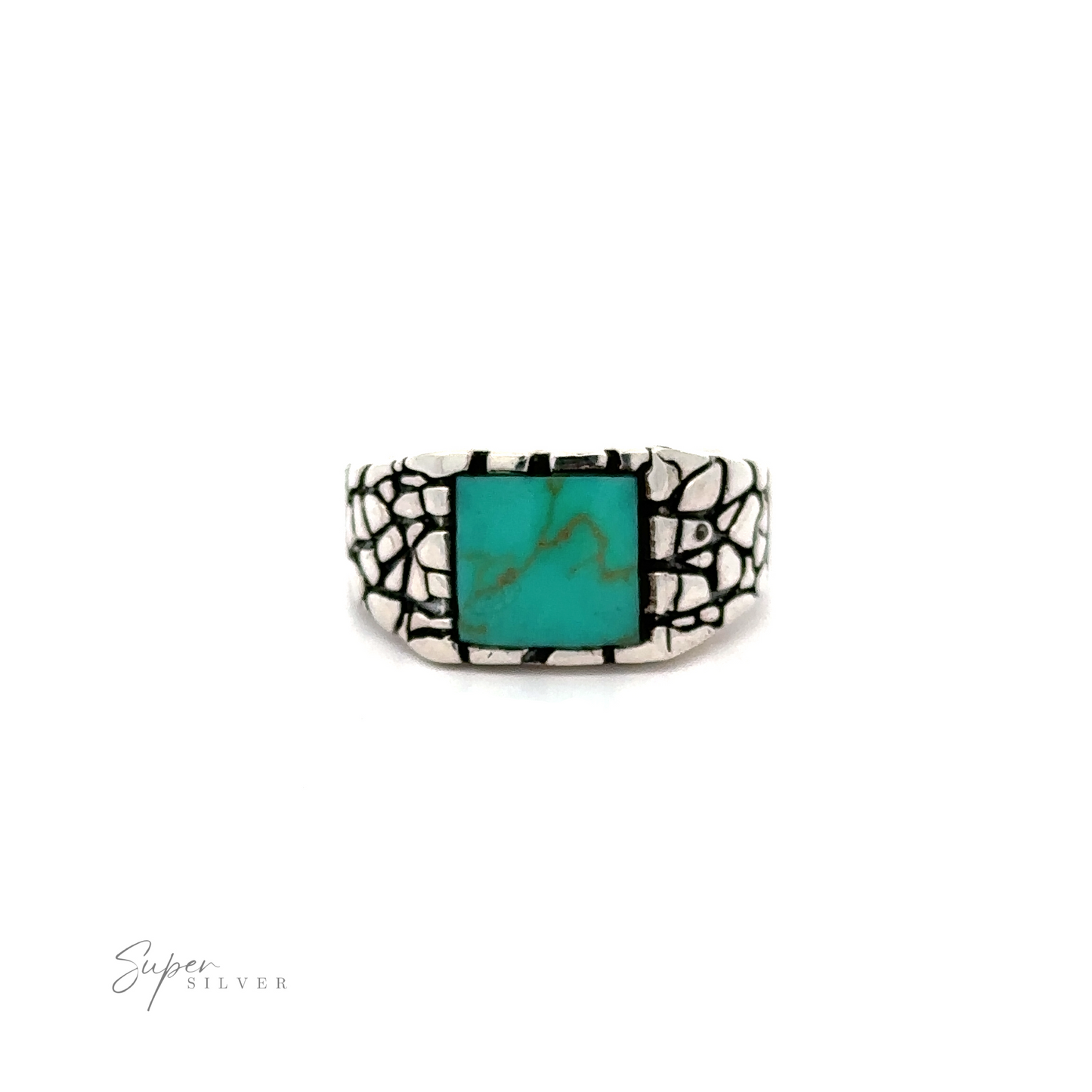 
                  
                    A stone signet ring with a dragon scale pattern and an inlaid turquoise stone.
                  
                