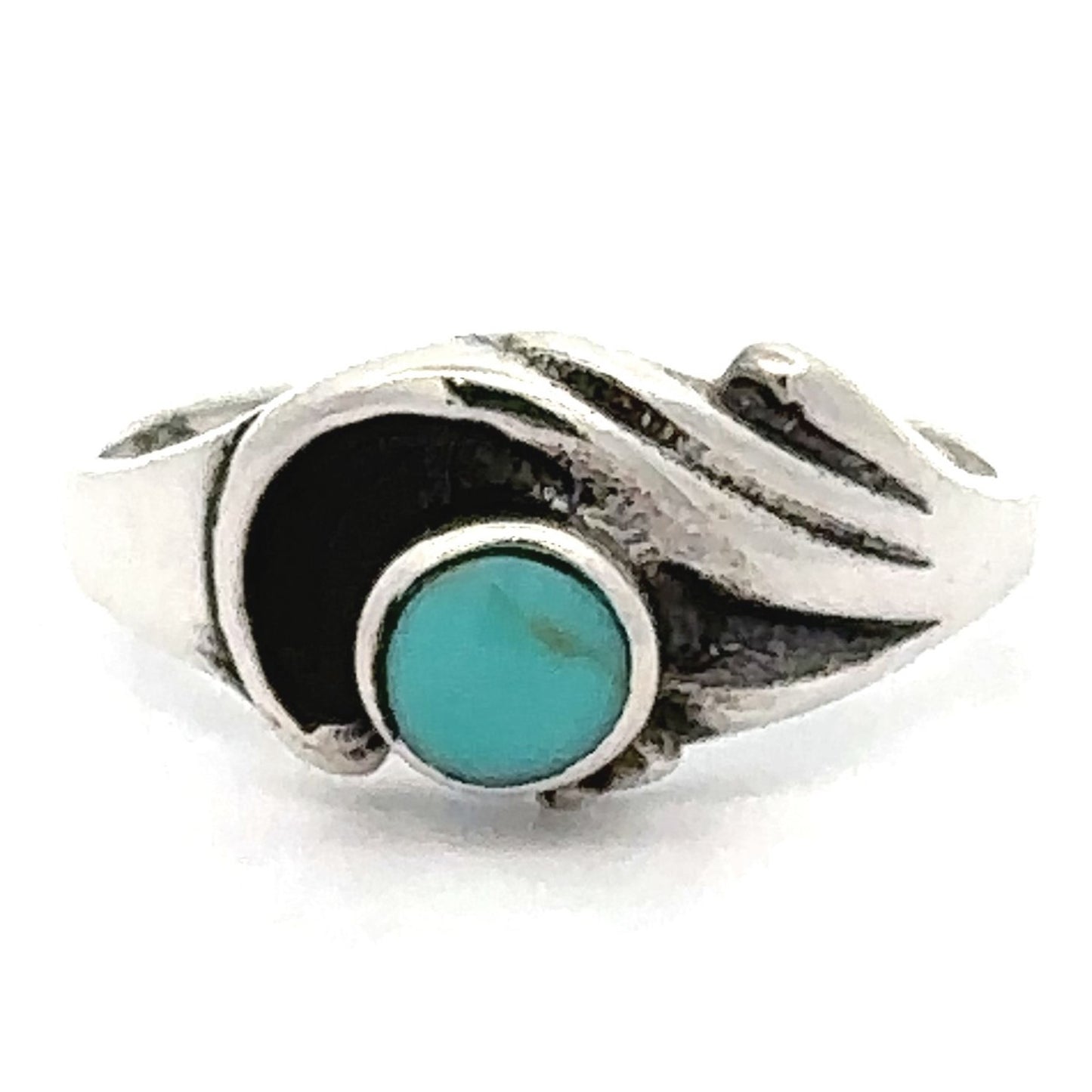 A silver ring with a Turquoise Inlay Ring with Swirling Detail.