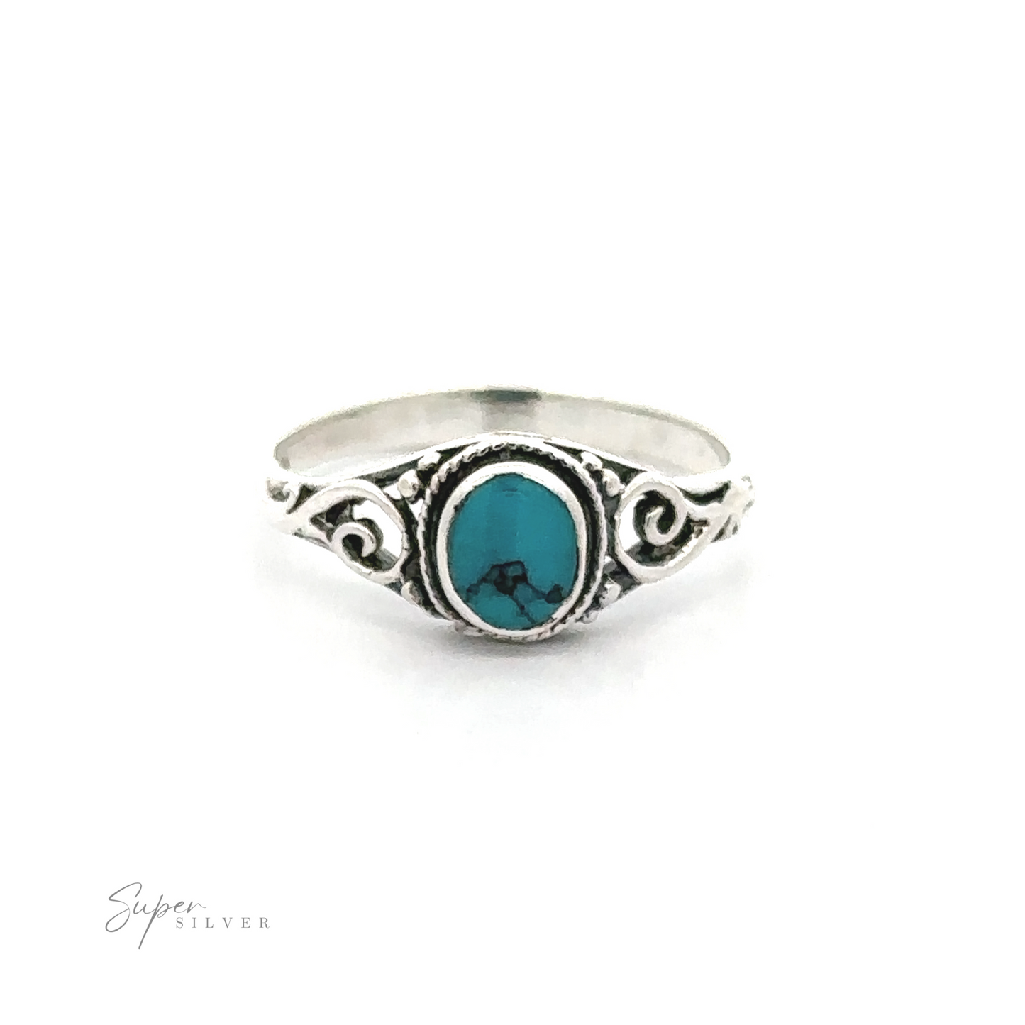 
                  
                    A sterling silver ring with an Oval Inlay Stone Ring with Swirls in turquoise.
                  
                