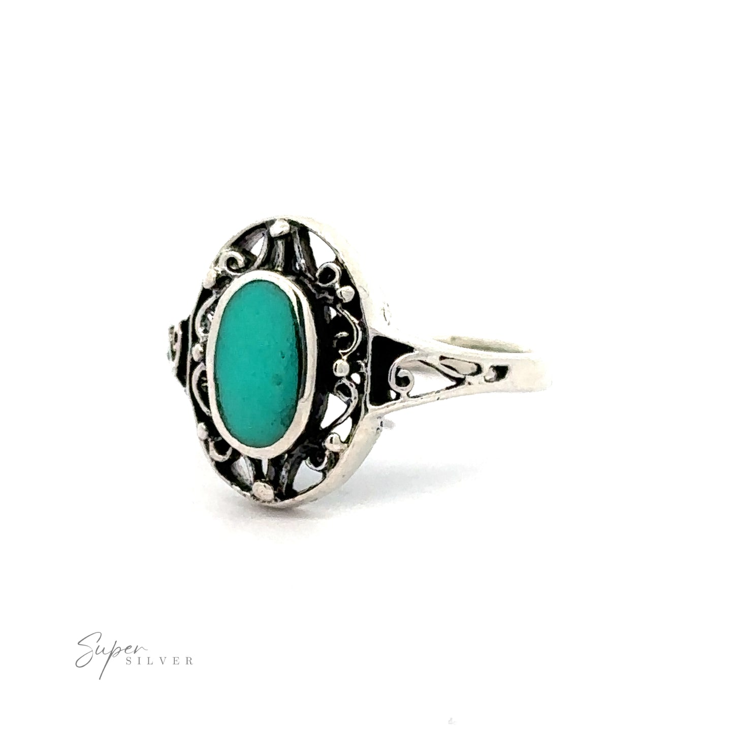 
                  
                    A sterling silver ring with an Oval Inlay Stone with Swirl Filigree Border.
                  
                