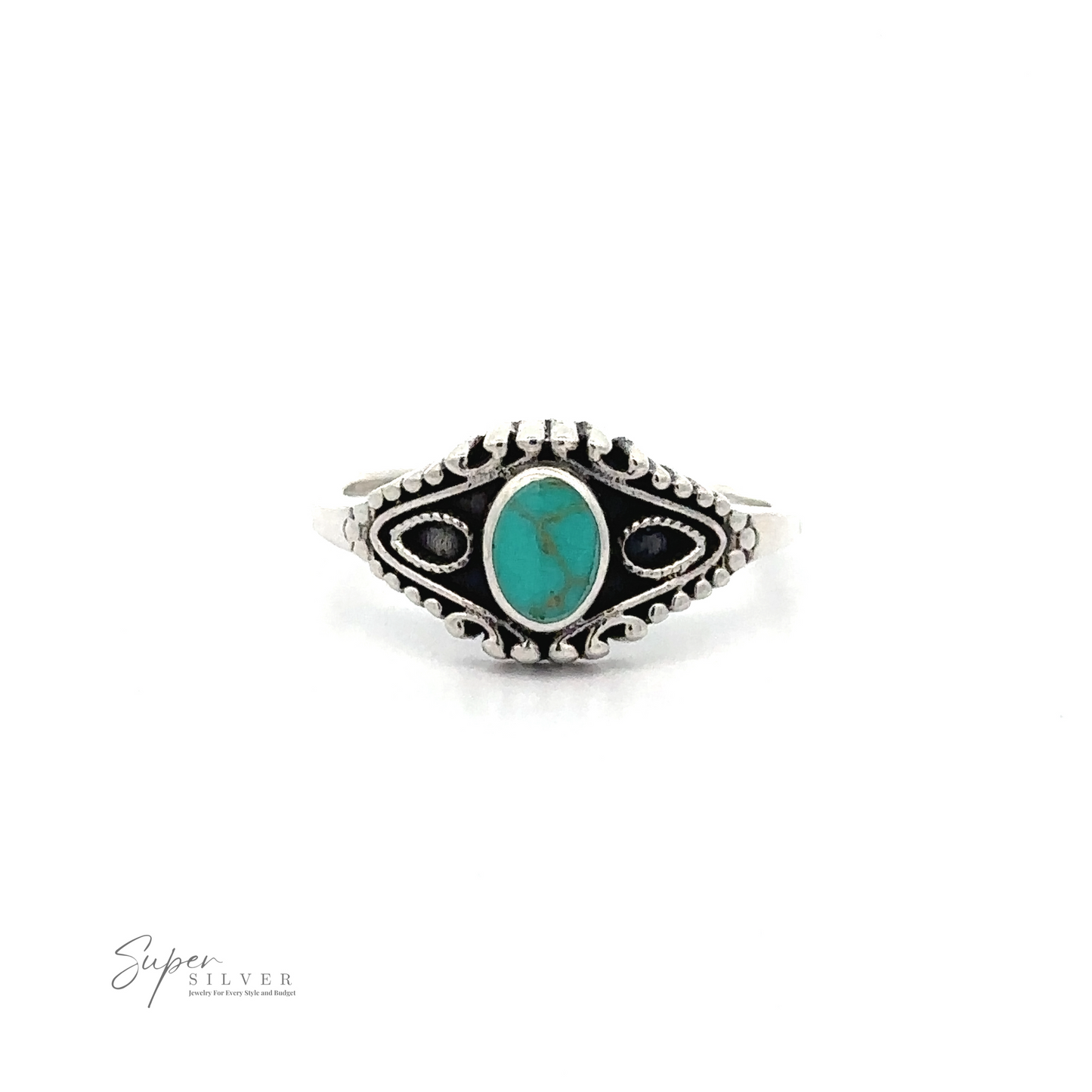 
                  
                    A Vintage Style Ring With Inlaid Oval Stone, handcrafted from .925 Sterling Silver, featuring a stunning turquoise stone centerpiece surrounded by intricate detailing. The inlaid stones emphasize its elegant design, displayed beautifully on a plain white background.
                  
                