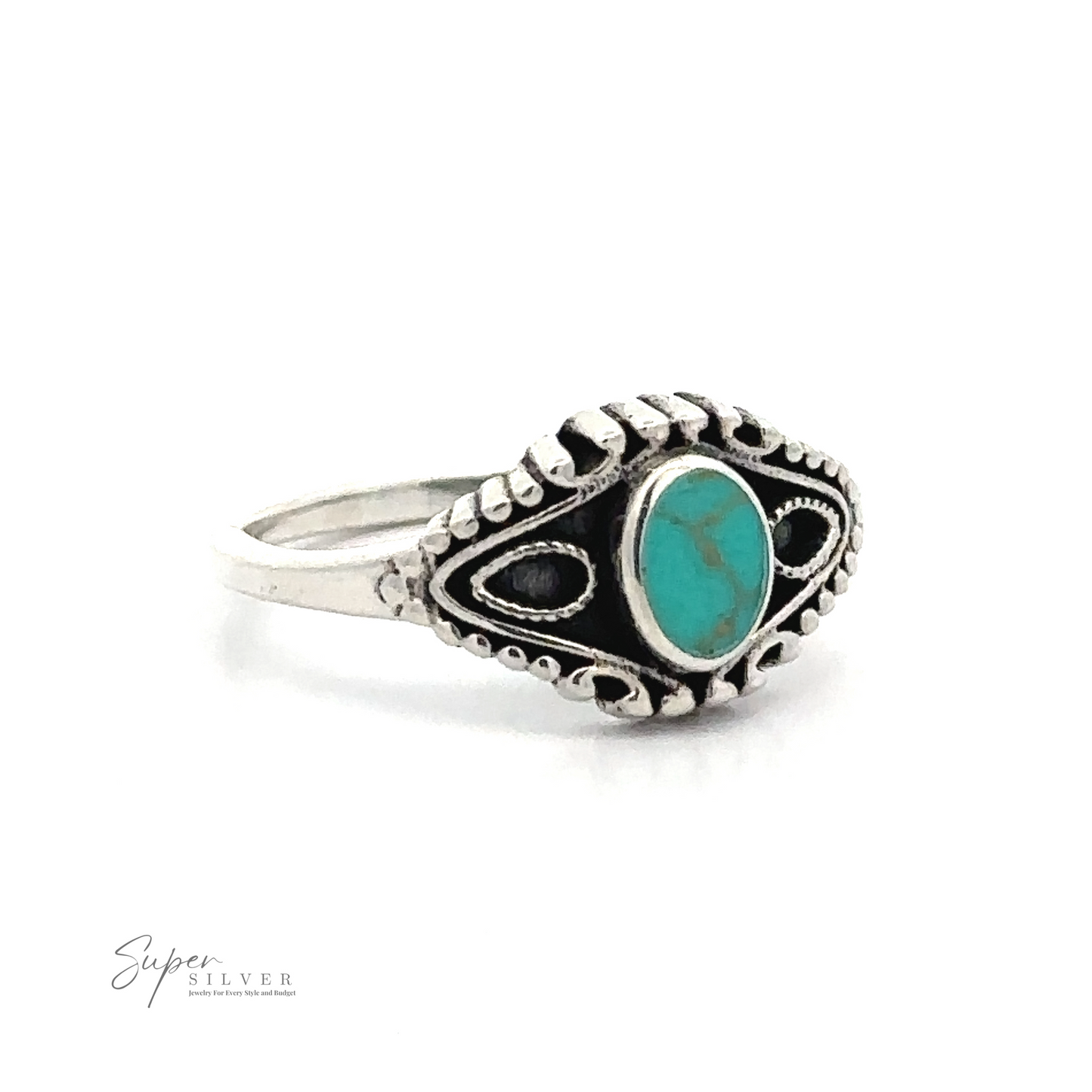 
                  
                    Vintage Style Ring With Inlaid Oval Stone, featuring a turquoise stone set in .925 Sterling Silver, displayed against a plain white background.
                  
                