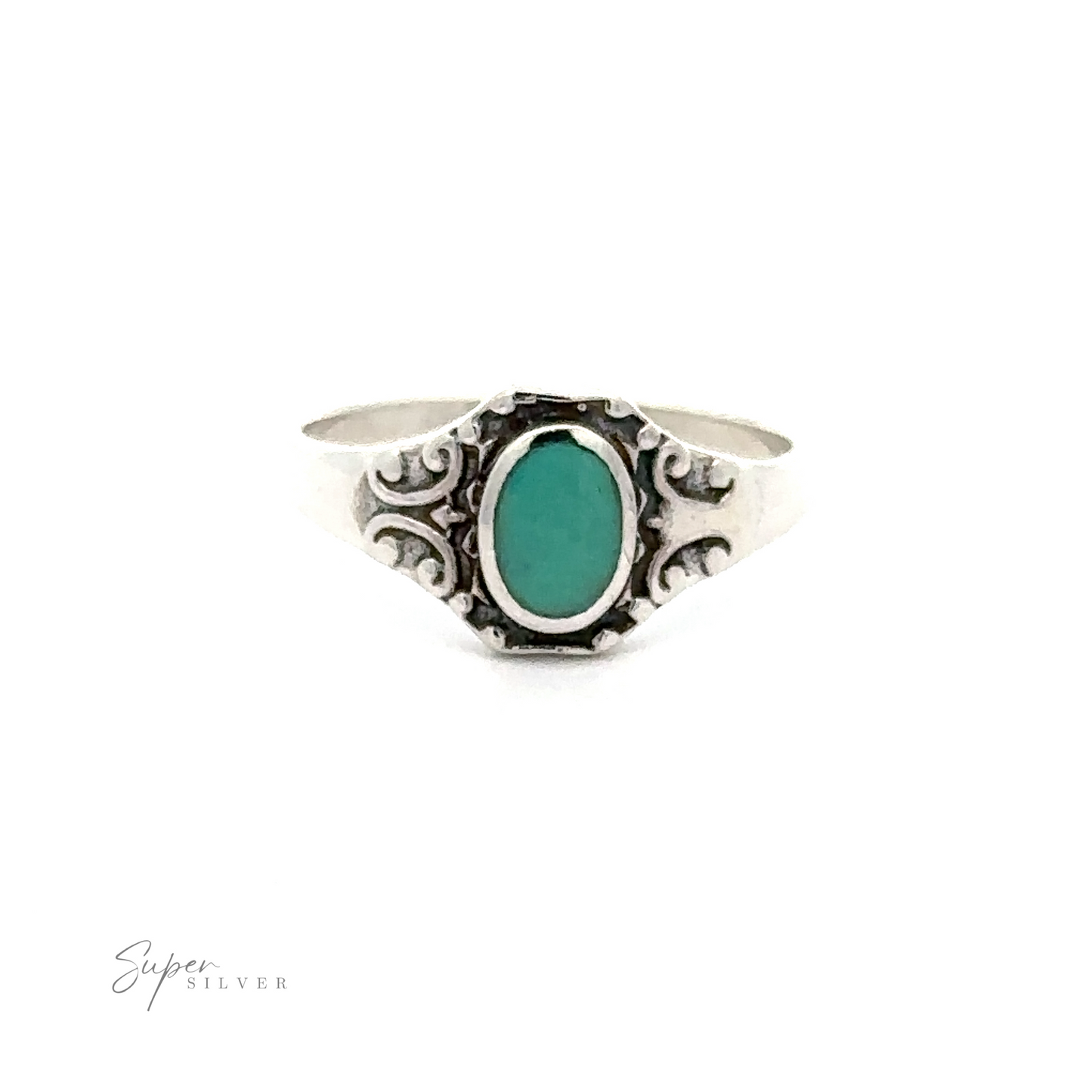 
                  
                    An Oval Inlay Stone Ring with Antiqued Filigree Design made of .925 Sterling Silver.
                  
                