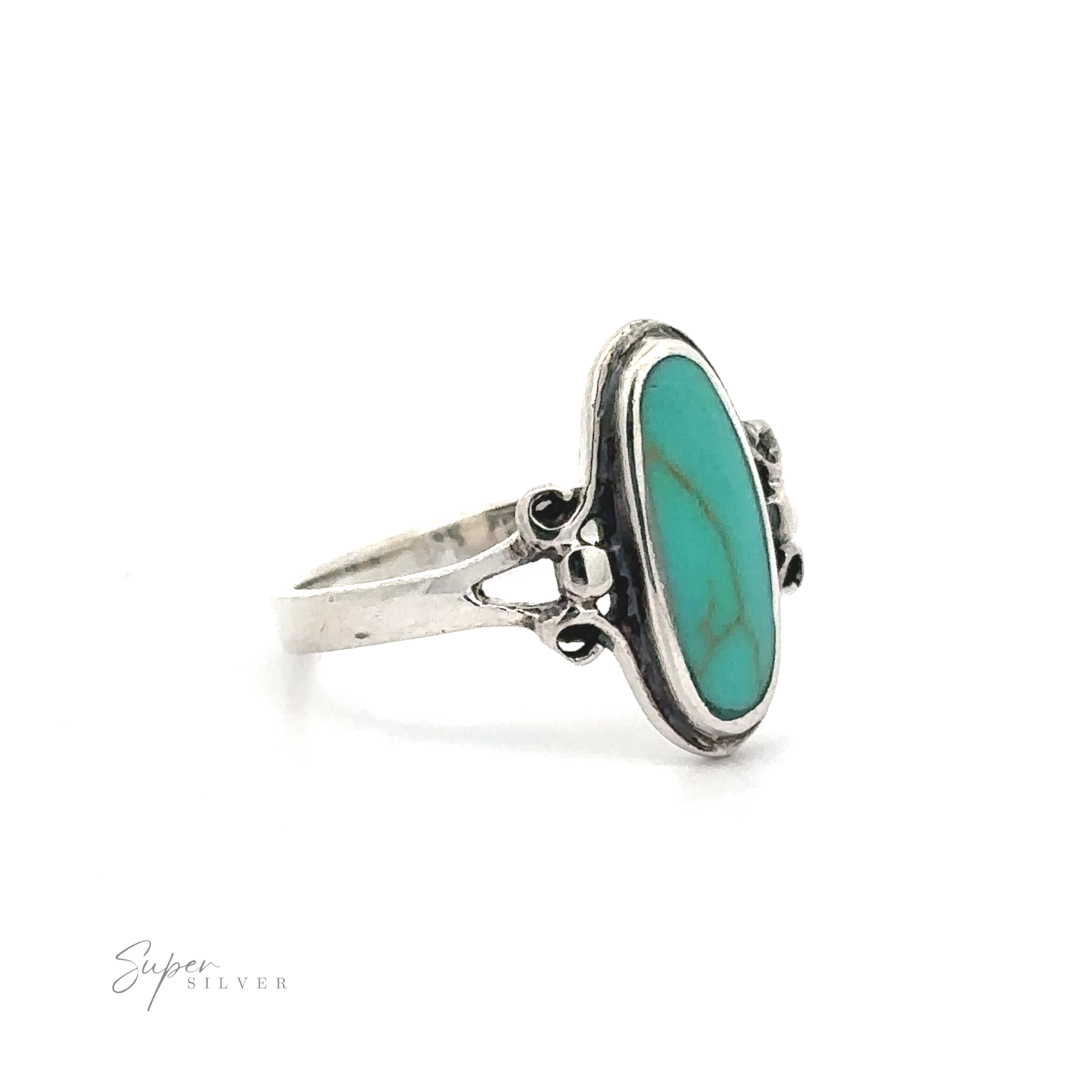 Large Oval Blue Turquoise Sterling Silver Ring With A Bobble And Rope Edge  Design