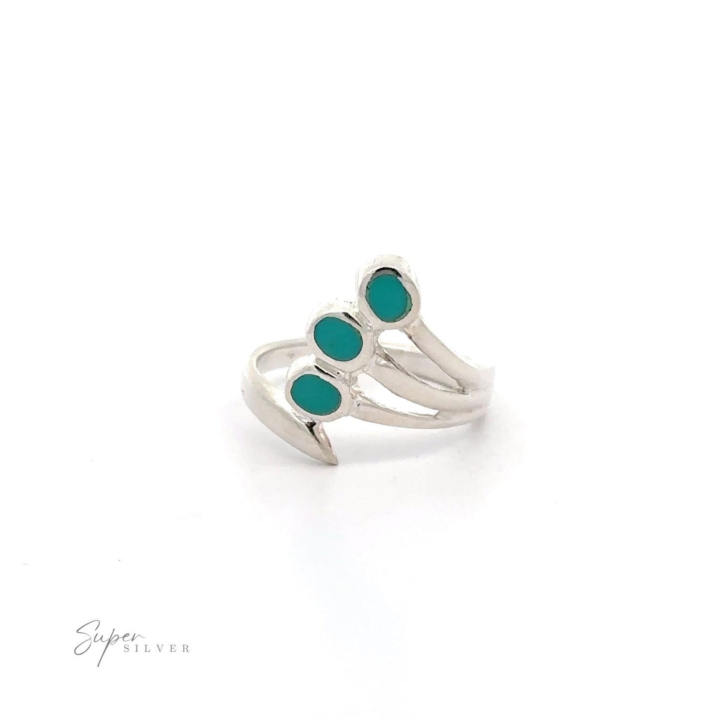 A .925 sterling silver Fanned Inlay Turquoise Ring with three inlay turquoise stones.